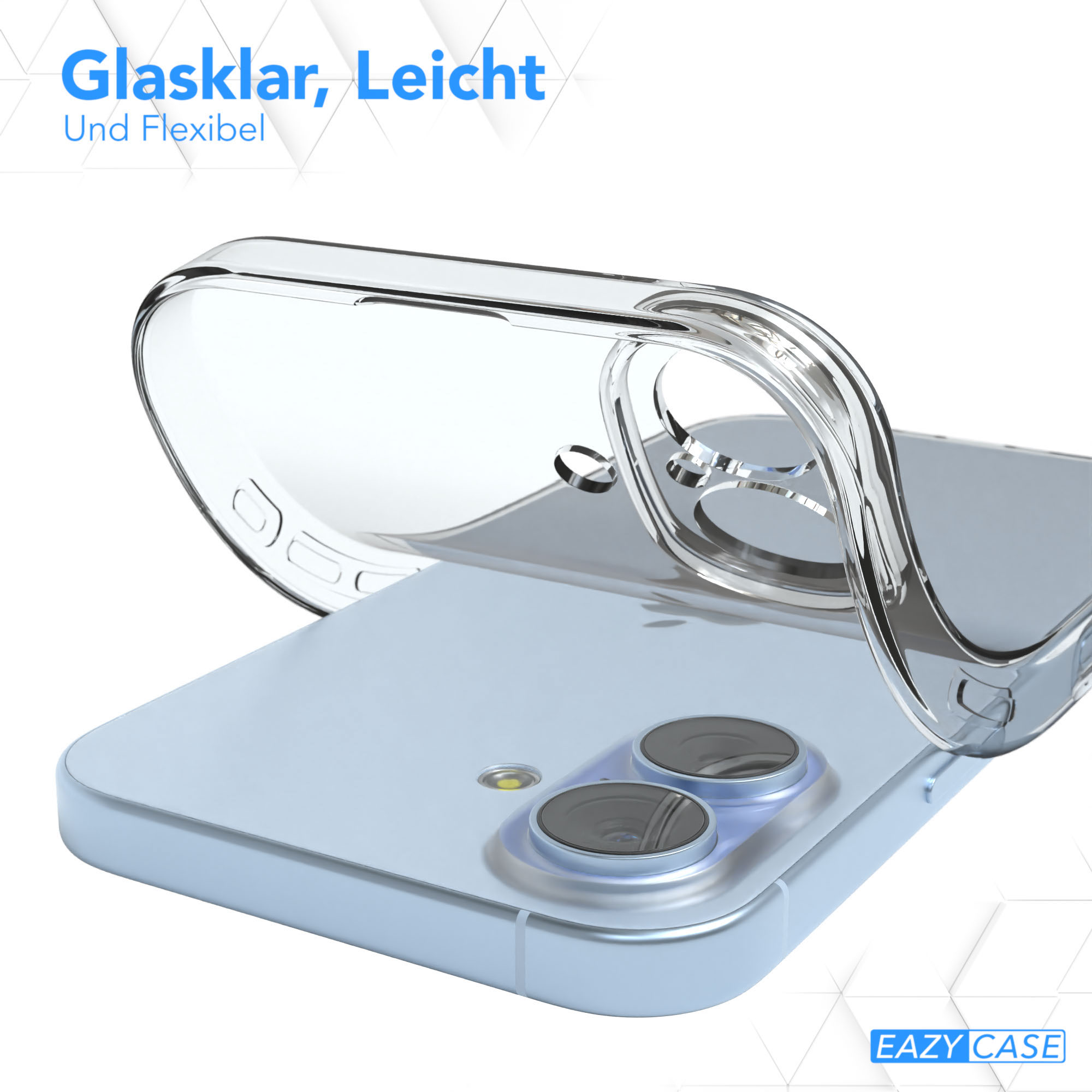 Eine transparente Handyhülle wird auf ein hellblaues Telefon gelegt. Oben steht der blaue Text 'Glaslar, Leicht'.