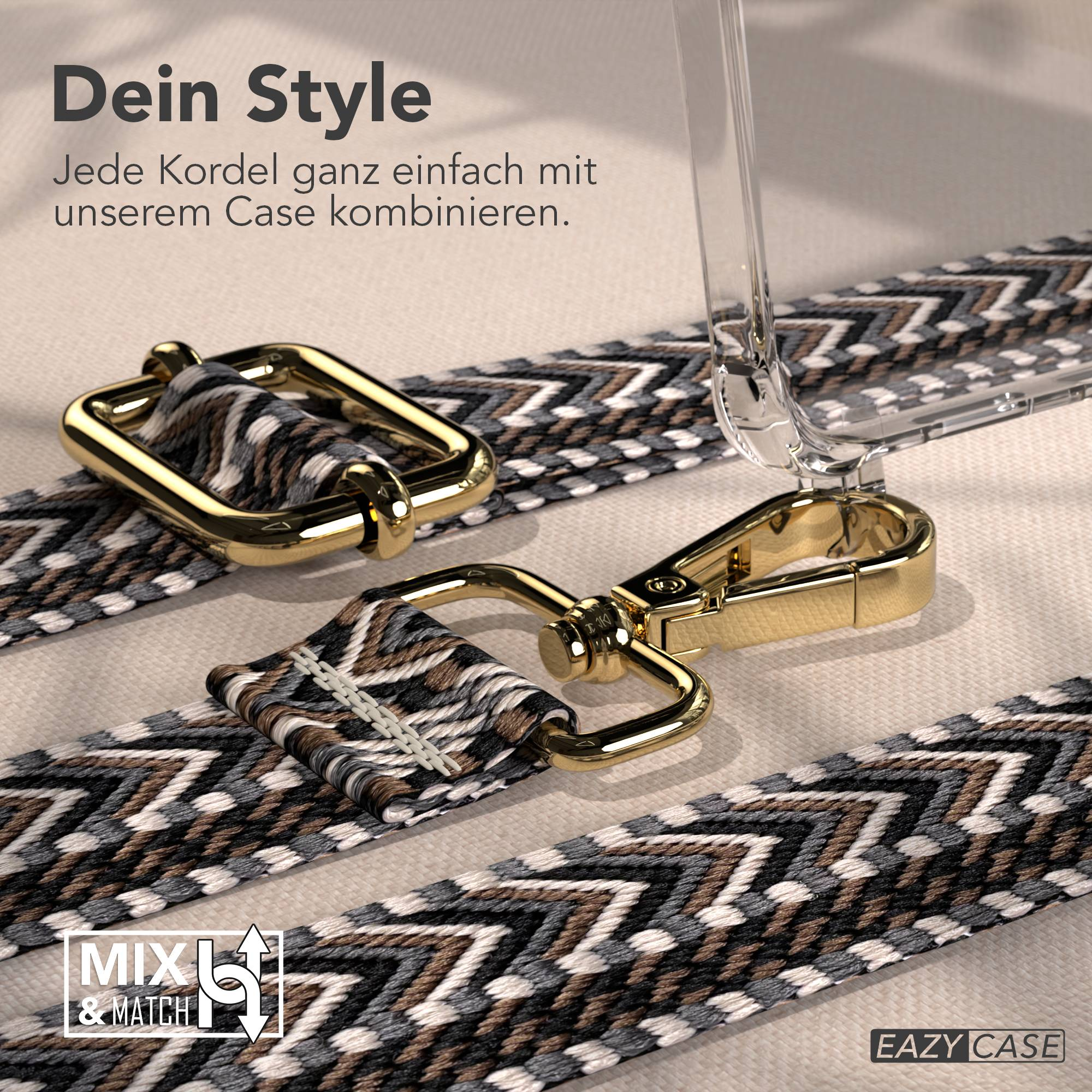 Ein Telefonhüllenriemen mit goldenen Verschlüssen und einem gemusterten Riemen in neutralen Tönen sowie eine transparente Telefonhülle.