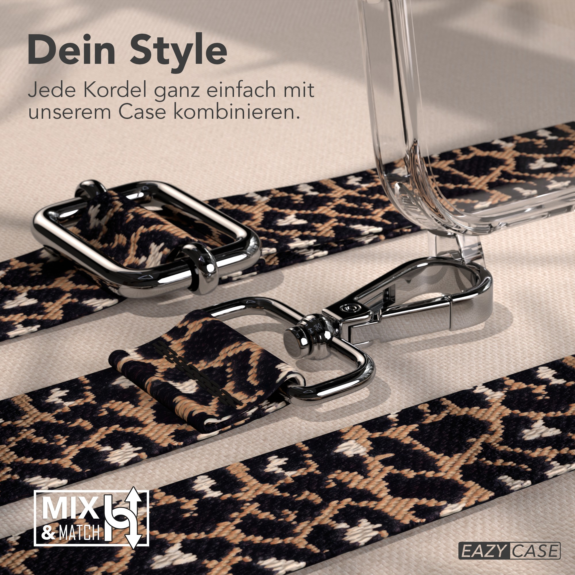 Gurtbänder mit Leopardenmuster, Metallverschlüssen und einer transparenten Handyhülle. Werbebild.
