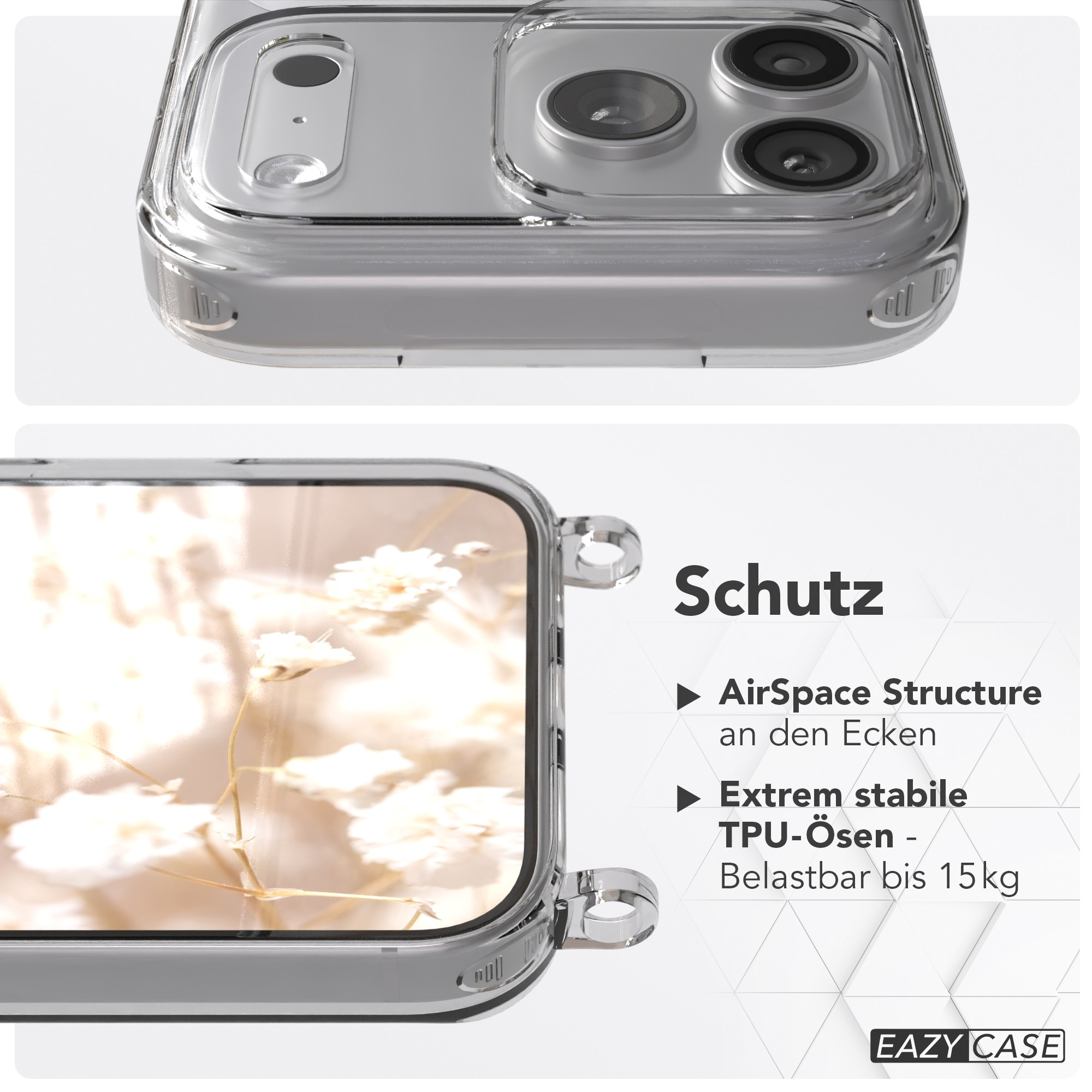 Eine transparente Handyhülle mit floralem Hintergrund. Text liest sich 'Schutz' und hebt Funktionen wie AirSpace Structure hervor.