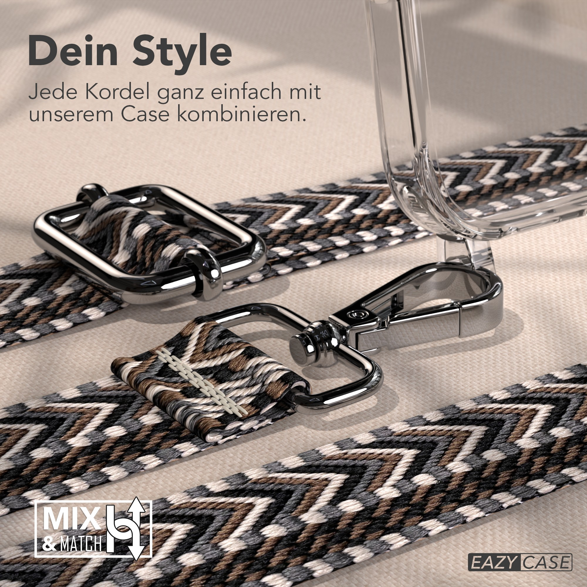 Bild zeigt eine Handyhülle mit gemustertem Riemen. Text-Overlays sagen 'Dein Style' und 'Mix & Match'.