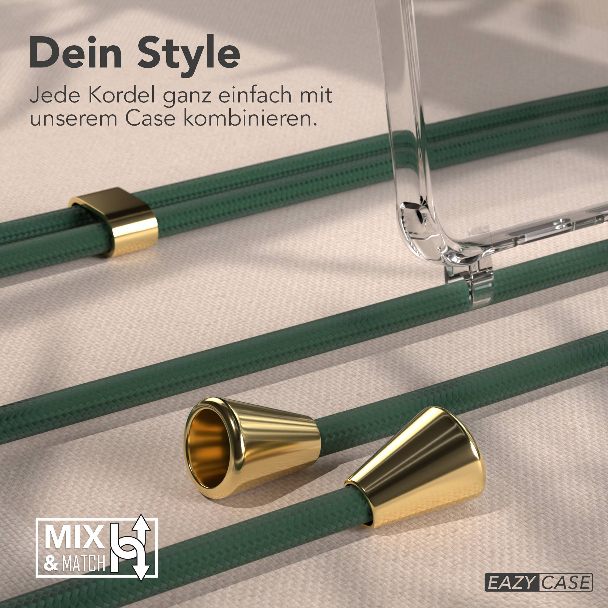 Grüne Kordeln mit goldenen Akzenten und eine transparente Handyhülle. Der Text „Dein Style“ steht oben.