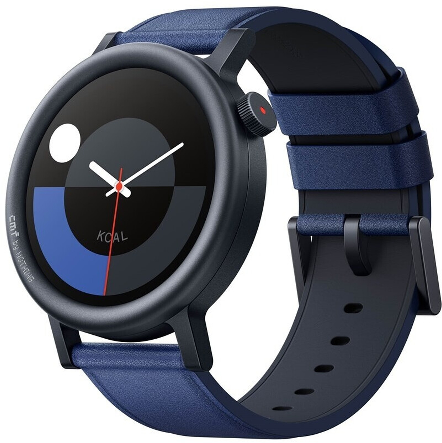 Ciemny smartwatch z niebieskim skórzanym paskiem. Tarcza pokazuje czas i dane zdrowotne. Design jest nowoczesny i elegancki.