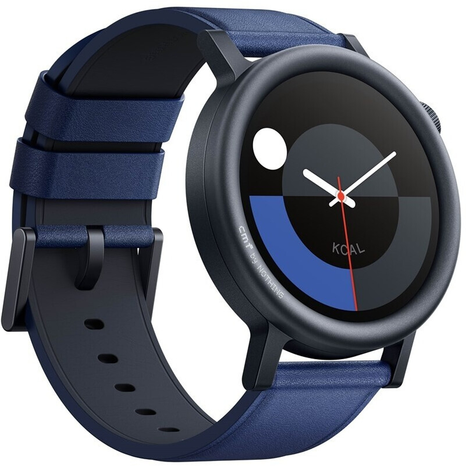 Ciemnoniebieski smartwatch z okrągłą tarczą, pokazujący godzinę. Zegarek ma niebieski skórzany pasek i czarną ramkę.