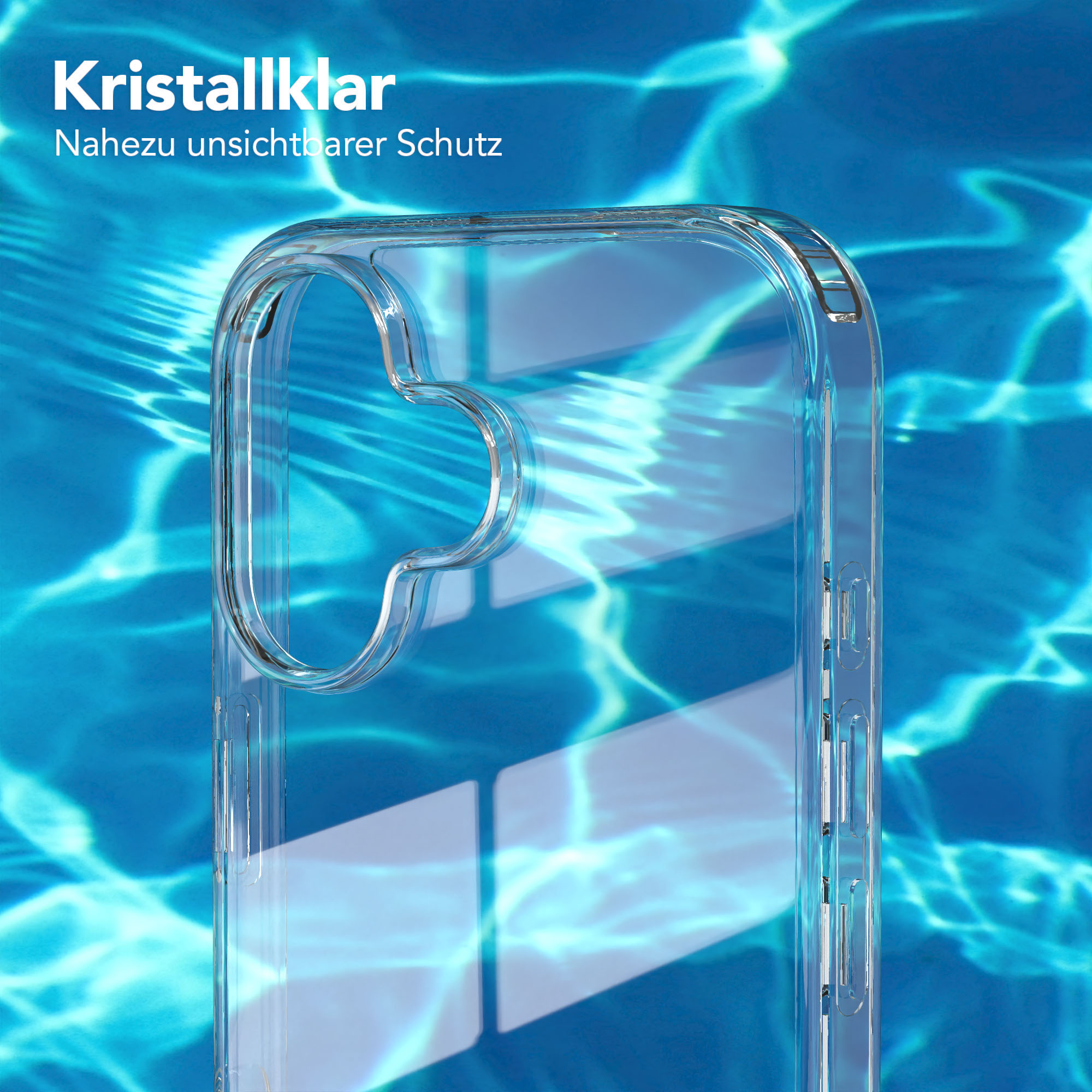 Transparente Handyhülle vor blauem Wasserhintergrund. Text lautet 'Kristallklar' und 'Nahezu unsichtbarer Schutz'.