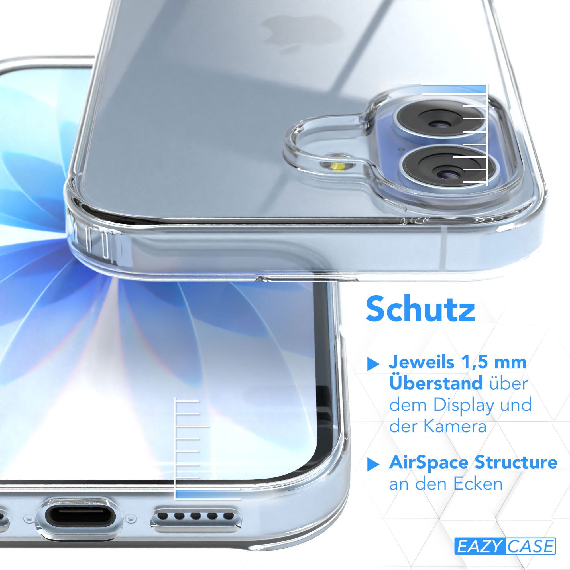 Transparente Handyhülle über einem Telefon. Zeigt Kameralinsen, Kanten und Merkmale mit deutschem Text für Schutz.