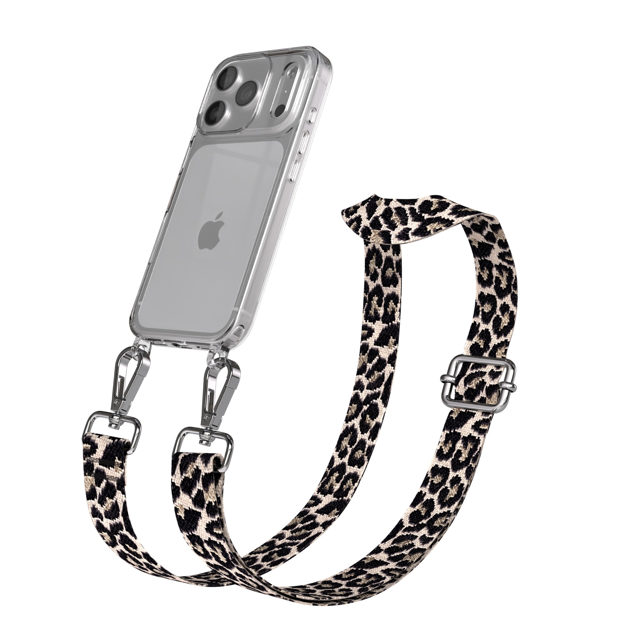 Ein durchsichtiges iPhone-Case mit Leopardenmuster-Gurt und silbernen Verschlüssen. Das Telefon ist sichtbar.