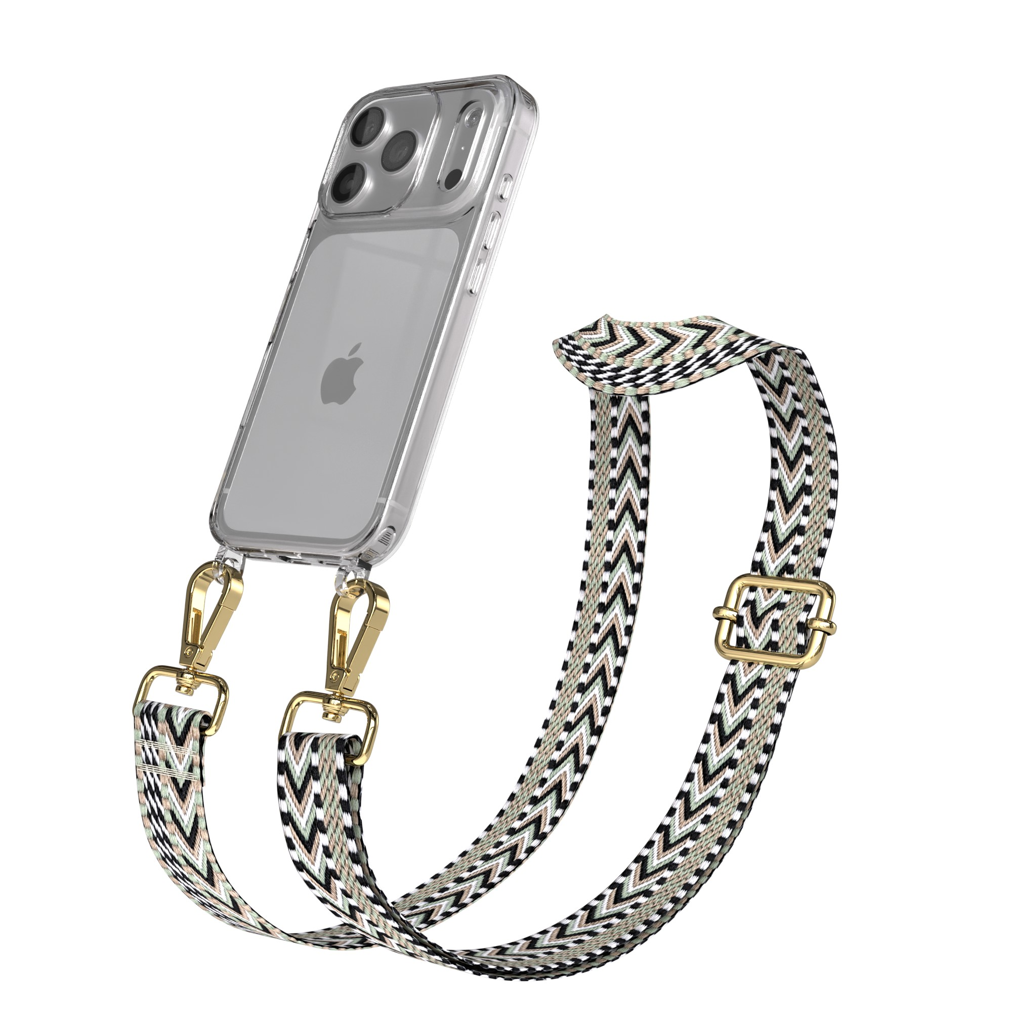 Eine transparente iPhone-Hülle mit einem gemusterten Riemen. Der Riemen hat goldene Beschläge und ein schwarz-weißes und beigefarbenes Chevron-Design.