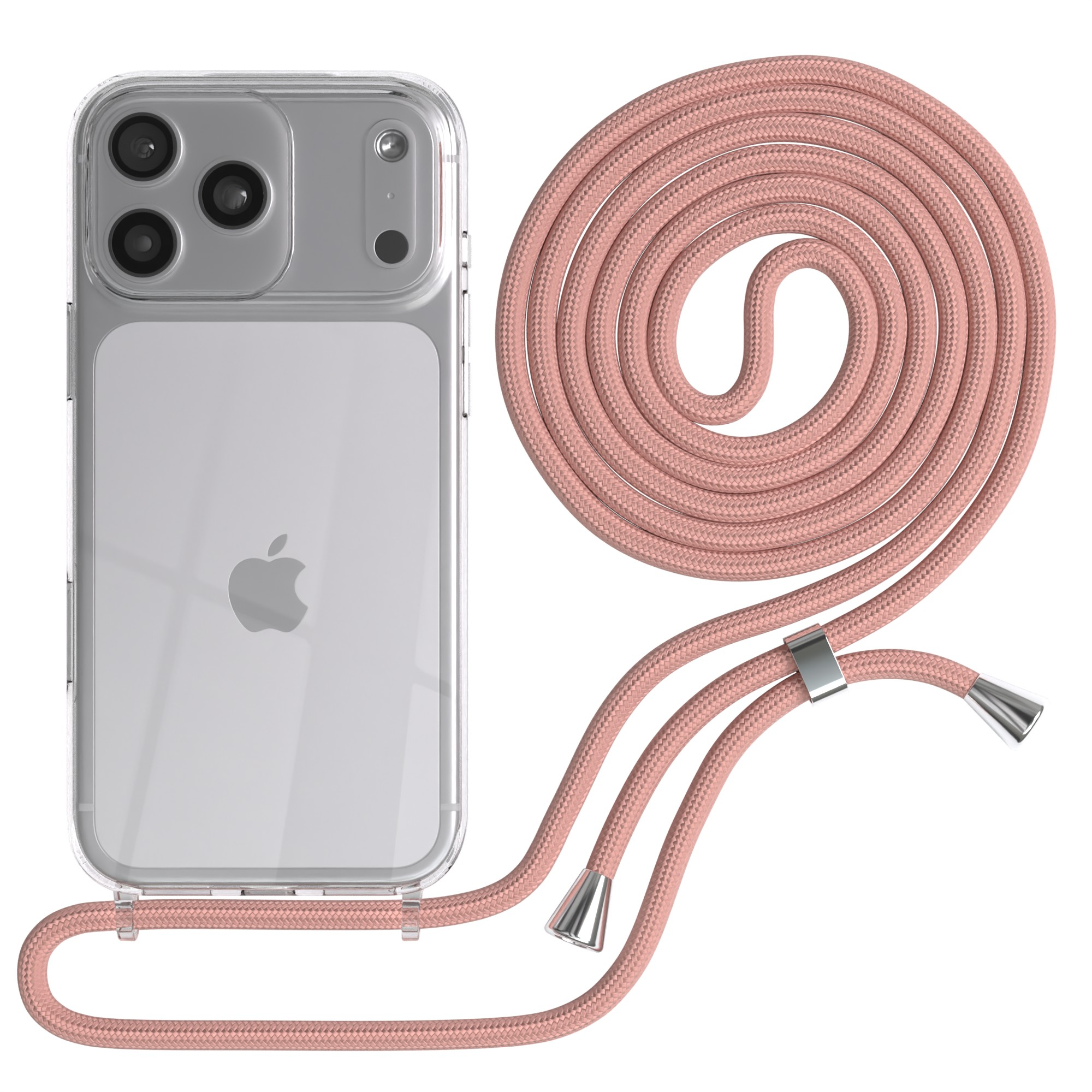 Transparente Handyhülle mit rosa Kordel. Das Telefon hat ein Apple-Logo. Die Kordel ist aufgerollt.