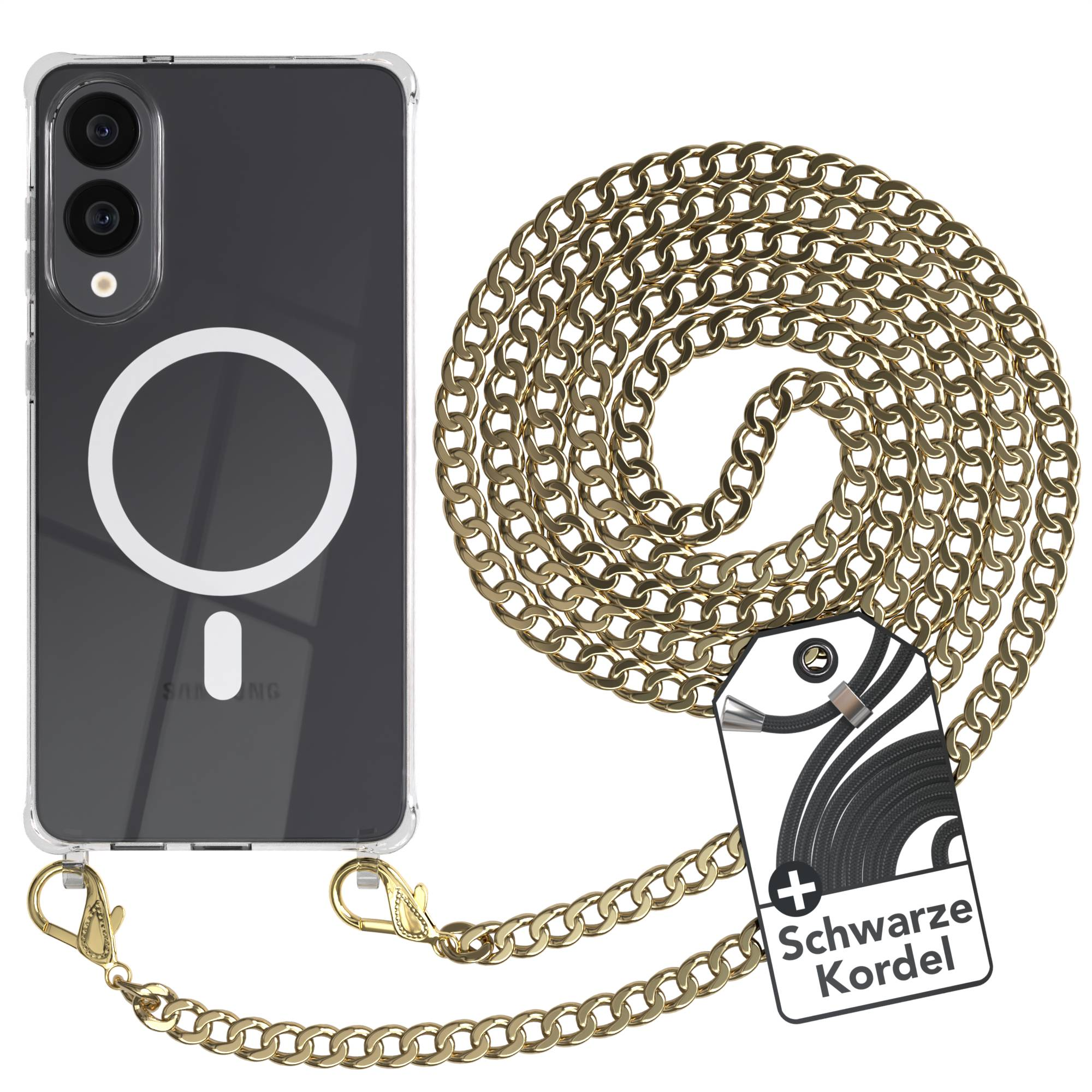 Transparente Handyhülle mit goldener Kette. Schwarzes Kordelanhänger. Gehäuse hat einen weißen Ring und ein Minuszeichen.