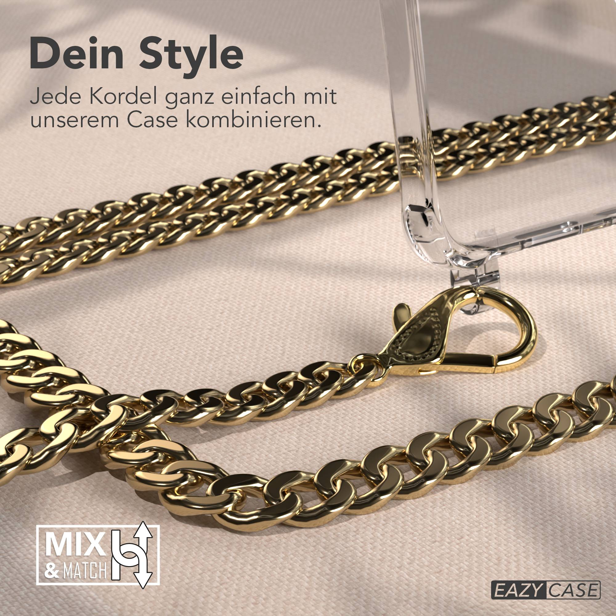 Goldkette und transparente Handyhülle auf cremefarbenem Hintergrund. Text: 'Dein Style' und 'Mix & Match'.