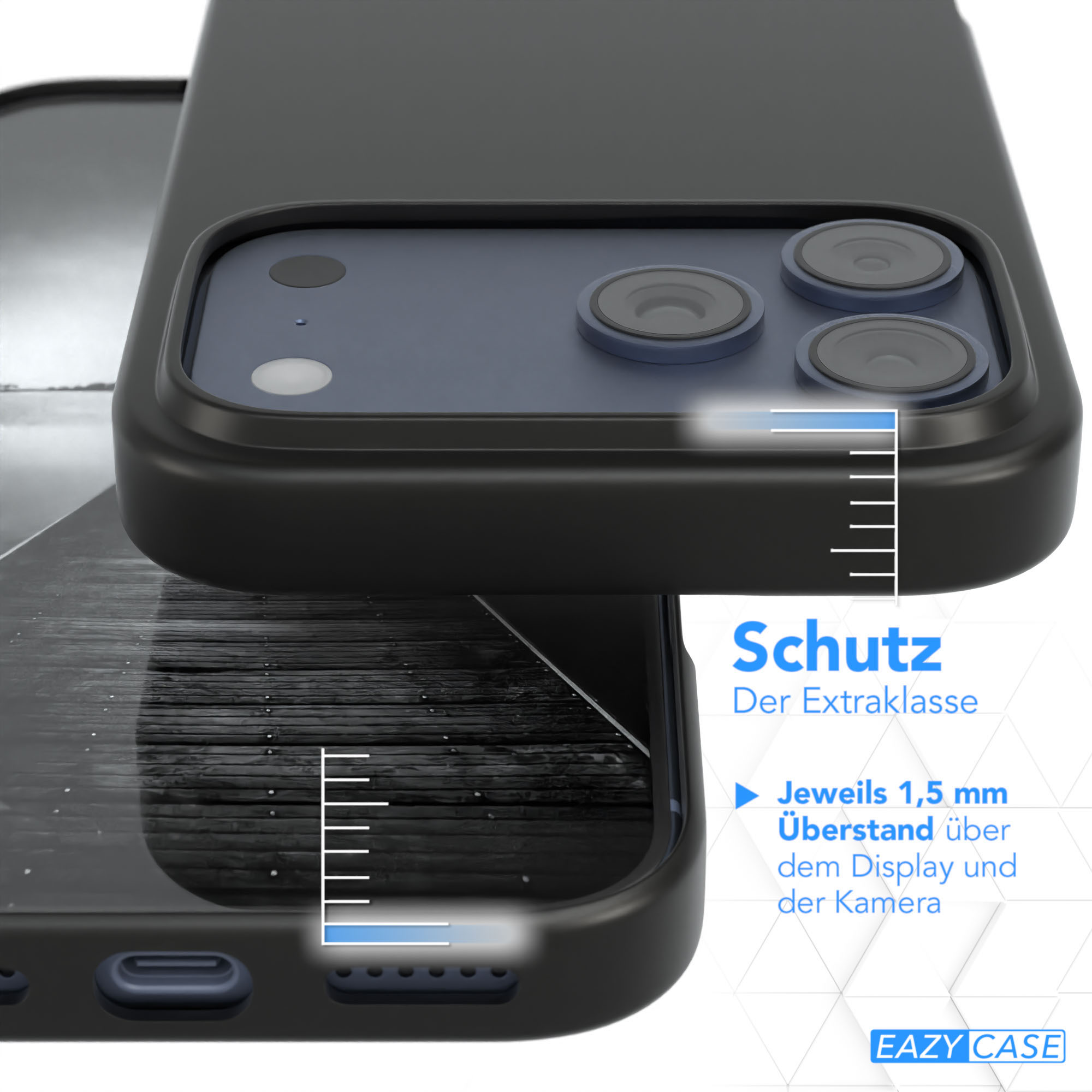 Schwarze Handyhülle mit Kameraausschnitten und Text, zeigt Schutzfunktionen.