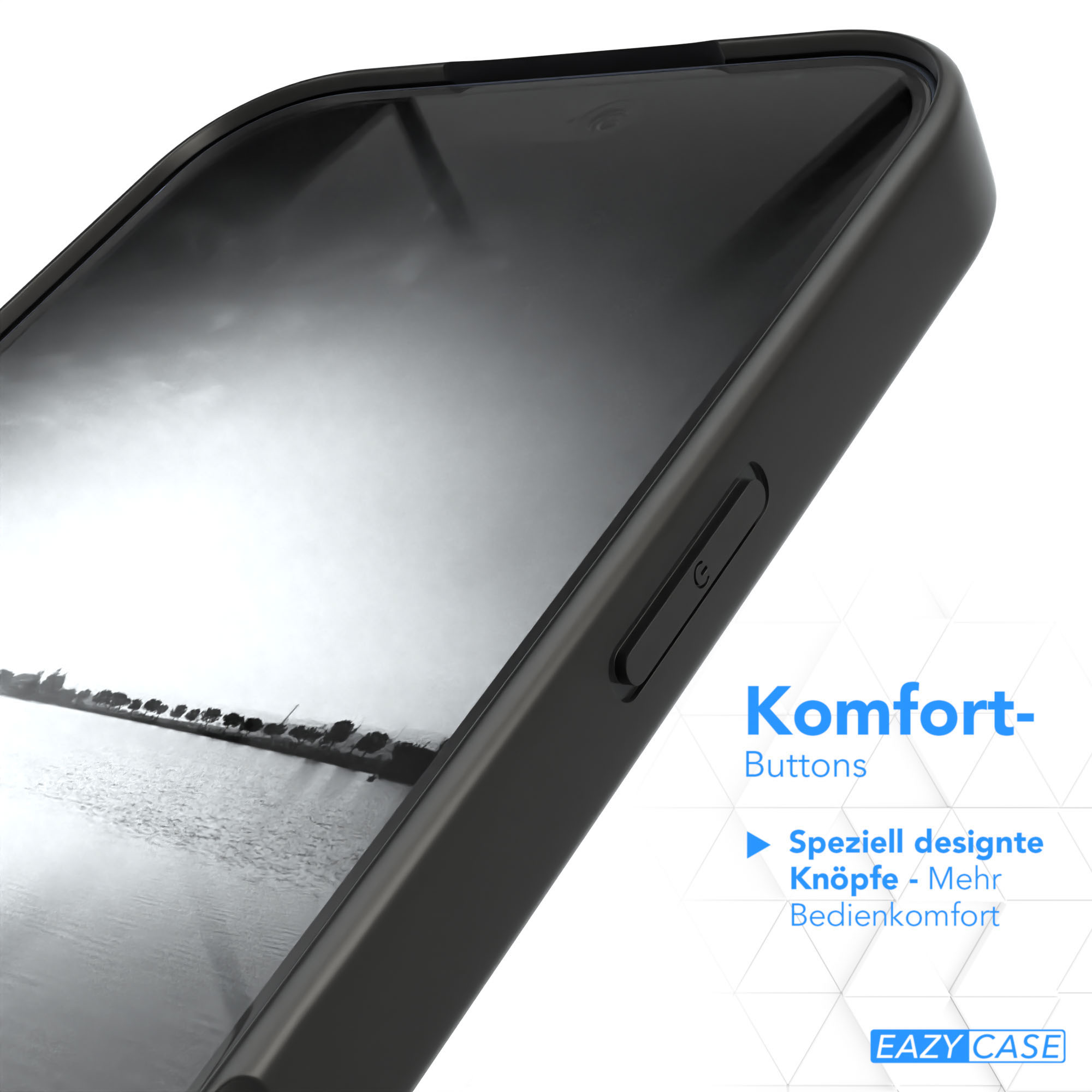 Schwarze Handyhülle mit Knöpfen. Der Bildschirm zeigt eine Landschaft mit Wasser und Bäumen. Text: 'Komfort-Buttons'.