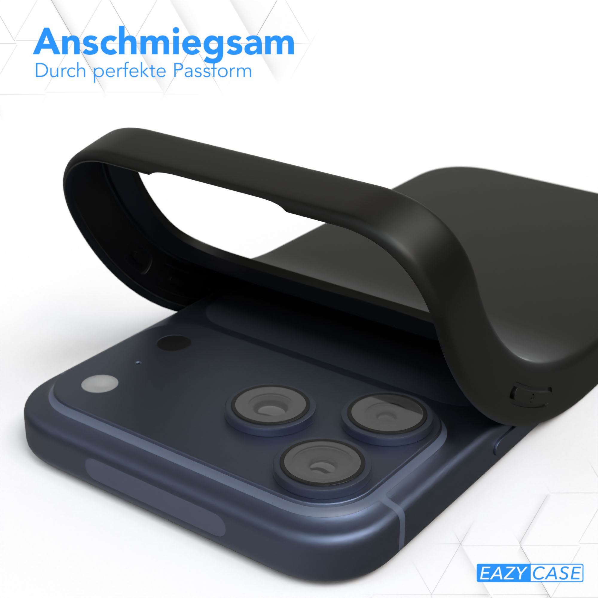 Eine schwarze Handyhülle wird auf ein blaues Telefon gelegt. Der Hintergrund ist weiß mit einem geometrischen Muster.