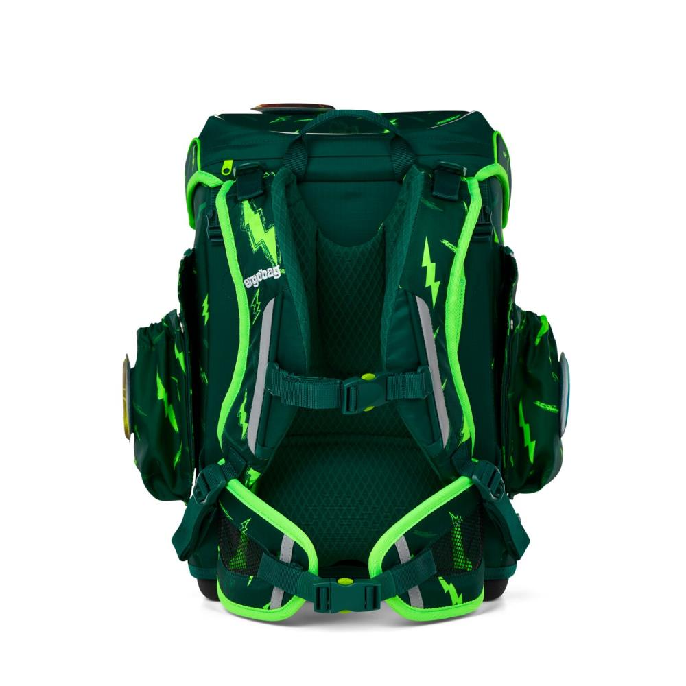 Grüner Schulrucksack mit Blitzdesign. Mit mehreren Fächern, verstellbaren Trägern und dem Logo 'ergobag'.
