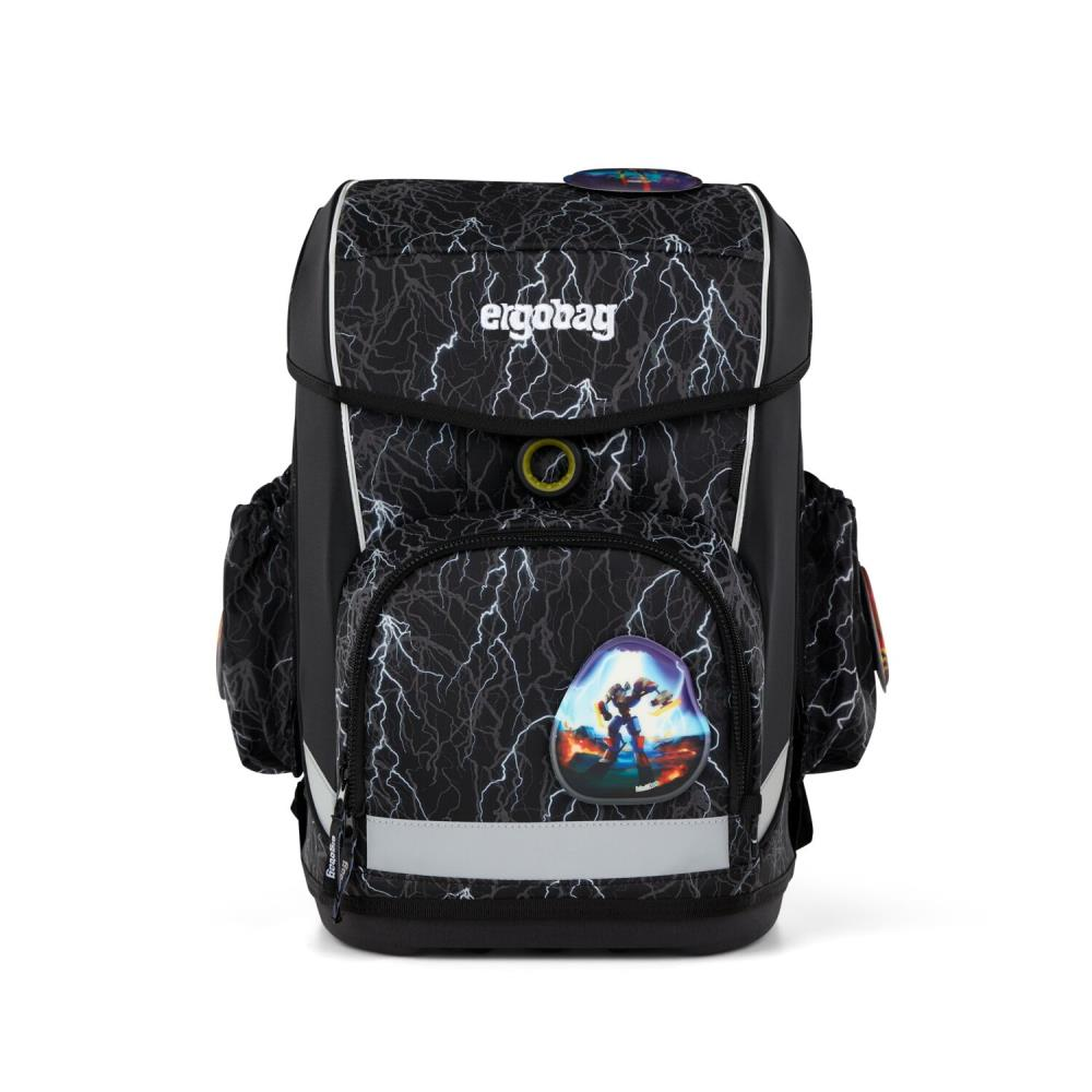 Schwarzer Ergobag-Schulrucksack mit weißem Blitzmuster. Mit einer Vordertasche mit Superheldenbild und reflektierenden Streifen.