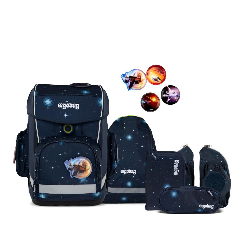 Dunkelblaues Schulranzenset mit Sternen und Planeten, enthält Rucksack, Tasche, Federmäppchen und runde Abzeichen mit Weltraumthemen.