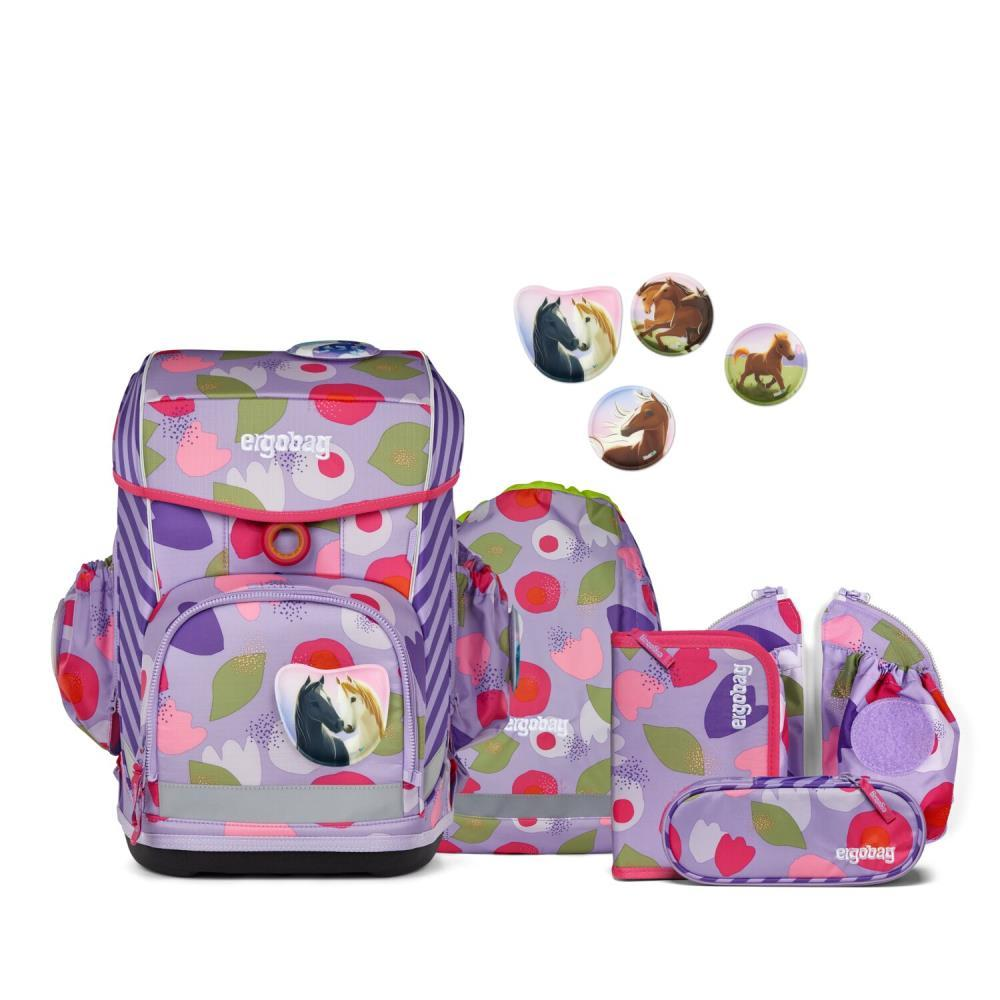 Lila Schulranzen-Set mit Pferde-Design, einschließlich Rucksack, Tasche, Federmäppchen und Aufklebern. Das Set hat rosa und grüne Akzente.