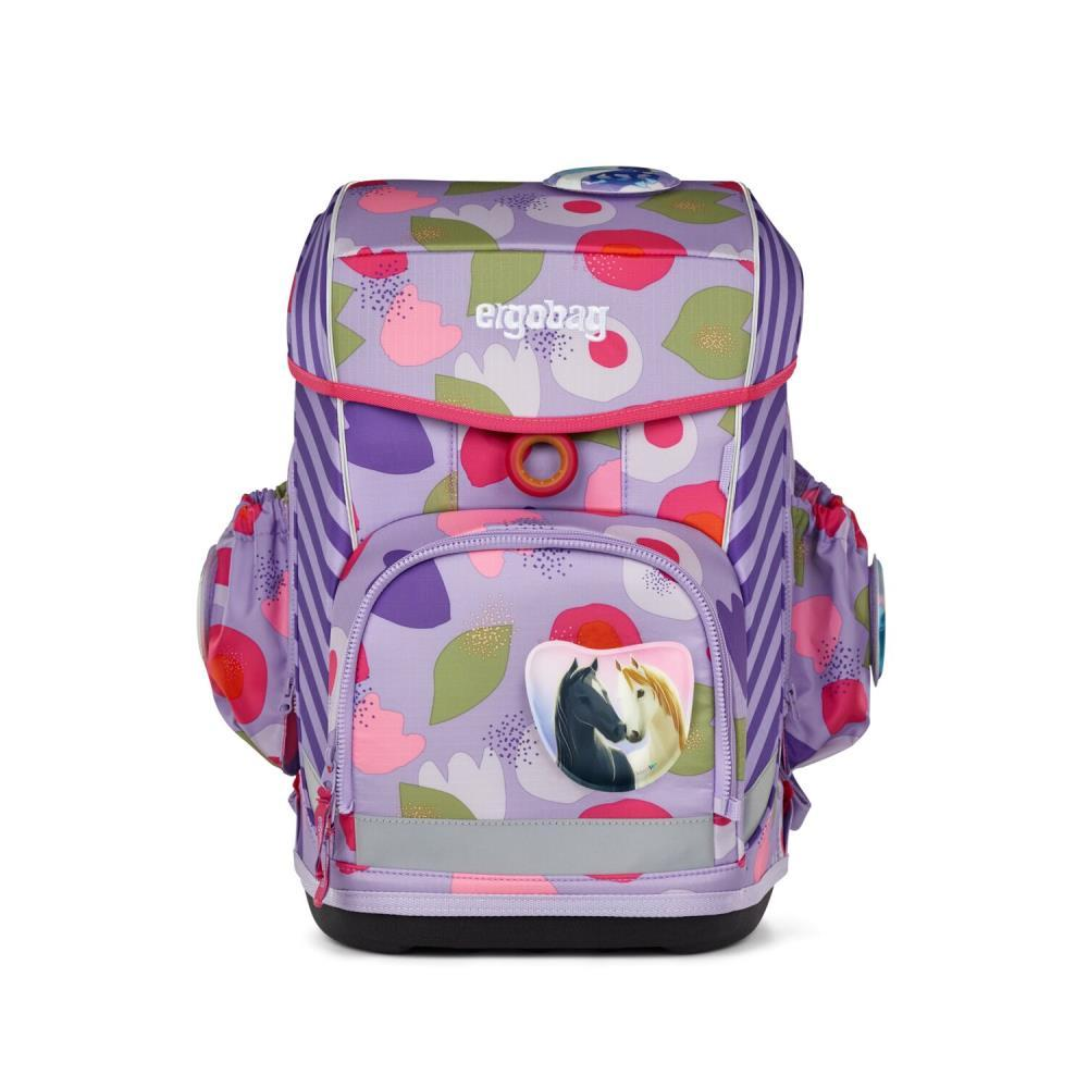 Lila Rucksack mit Blumenmuster und Pferdebild. Mit Seitentaschen und reflektierenden Streifen. 'ergobag'-Logo oben.