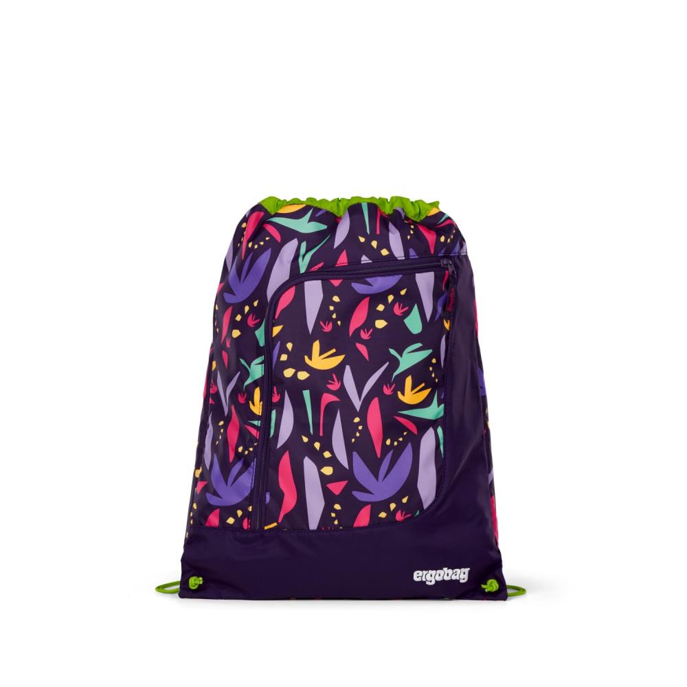 Ein Rucksack mit Kordelzug und Blumenmuster in Lila, Rosa, Gelb und Grün. Die Oberseite ist grün, und die Marke ist 'ergobag'.