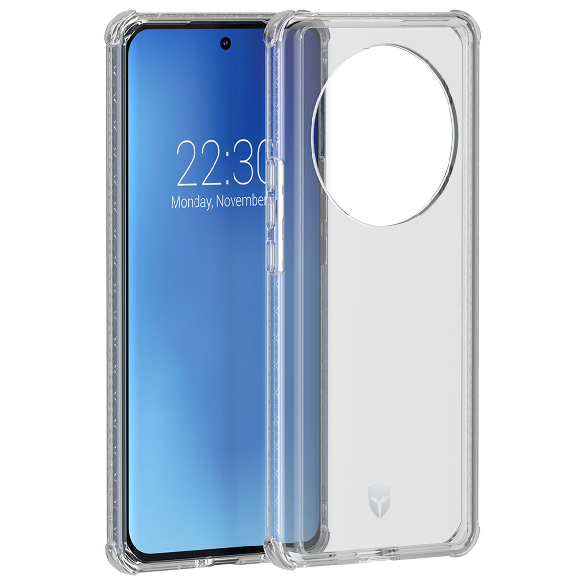 Uno smartphone in una custodia protettiva trasparente. Lo schermo mostra l'ora, 22:30, e la data, lunedì, novembre.