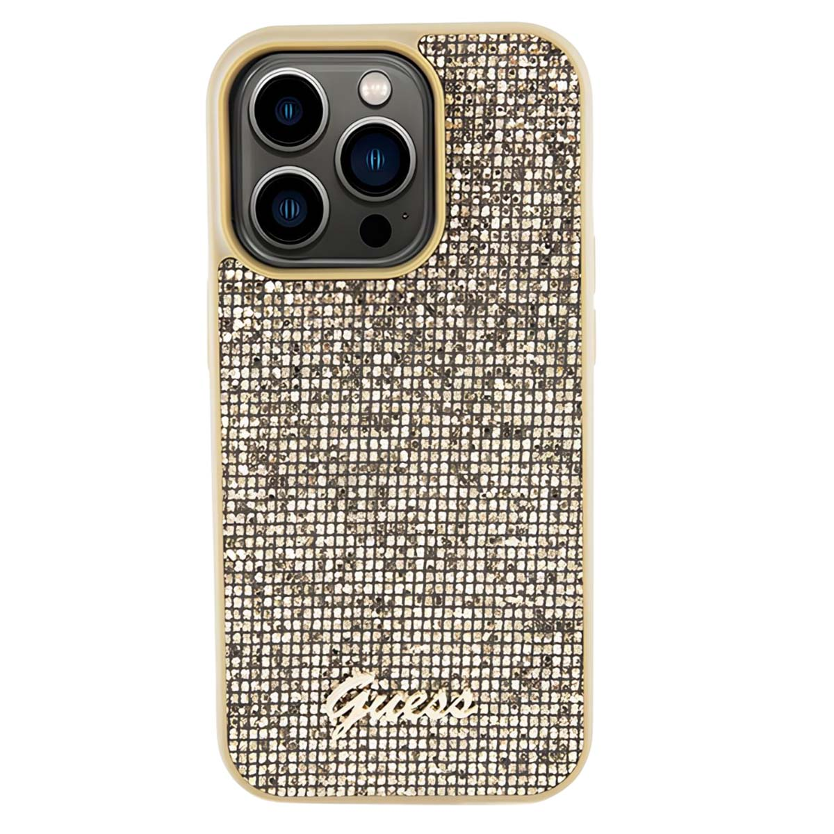 Una custodia per telefono con modulo fotocamera. La custodia ha un design glitterato oro e il logo Guess in basso.