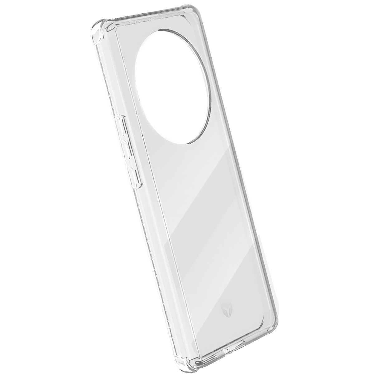 Una custodia trasparente per telefono con un ritaglio per la fotocamera. È angolata su sfondo bianco.
