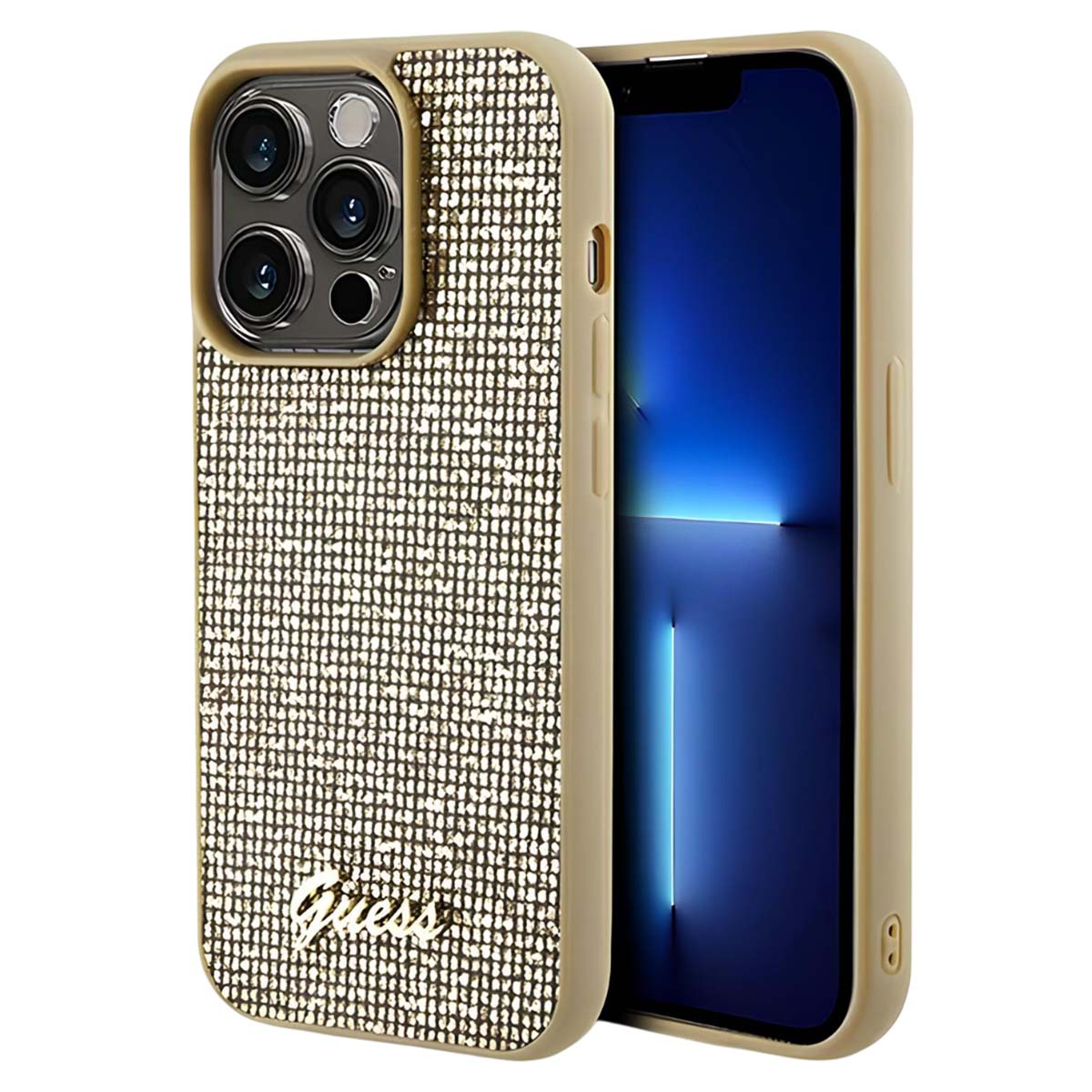 Custodia dorata per telefono con design a diamante e logo Guess. Lo schermo del telefono è blu. La custodia è accanto al telefono.