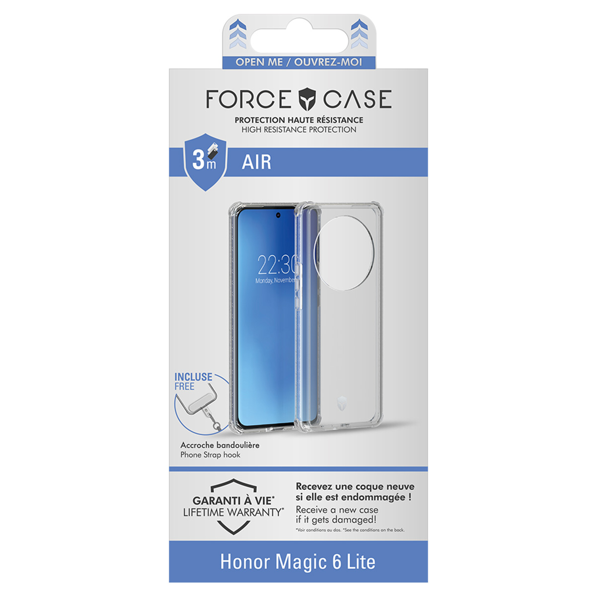 Una confezione di custodia per telefono con un telefono all'interno. La custodia è trasparente, lo schermo del telefono mostra l'ora. Il testo include 'FORCE CASE' e 'Honor Magic 6 Lite'.