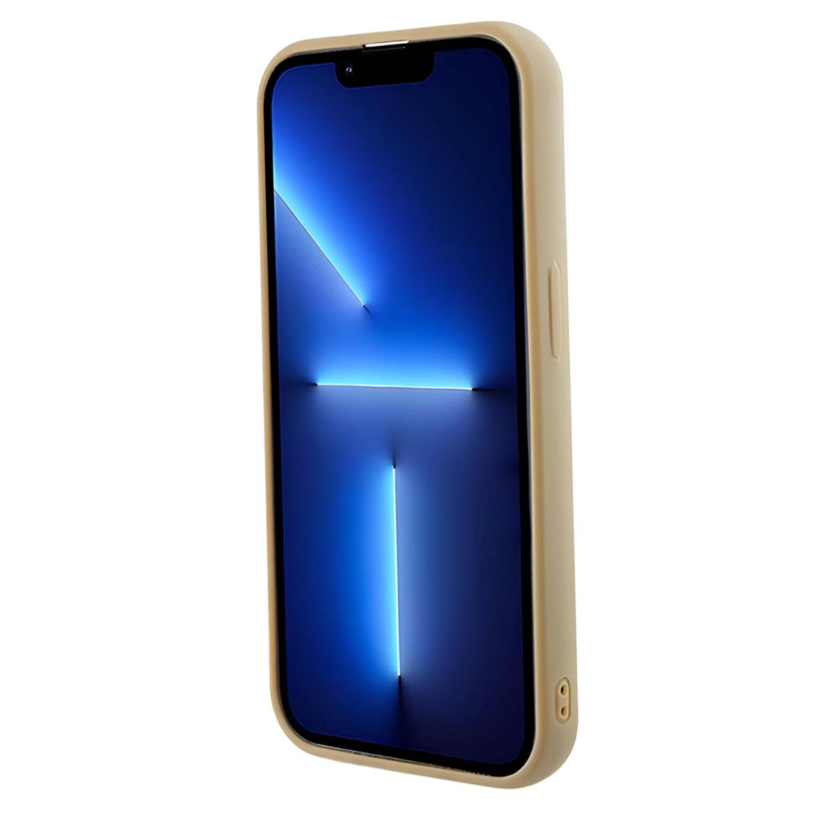 Uno smartphone in una custodia beige. Lo schermo mostra una sfumatura blu con linee bianche. La custodia ha un pulsante laterale e un ritaglio per la fotocamera.