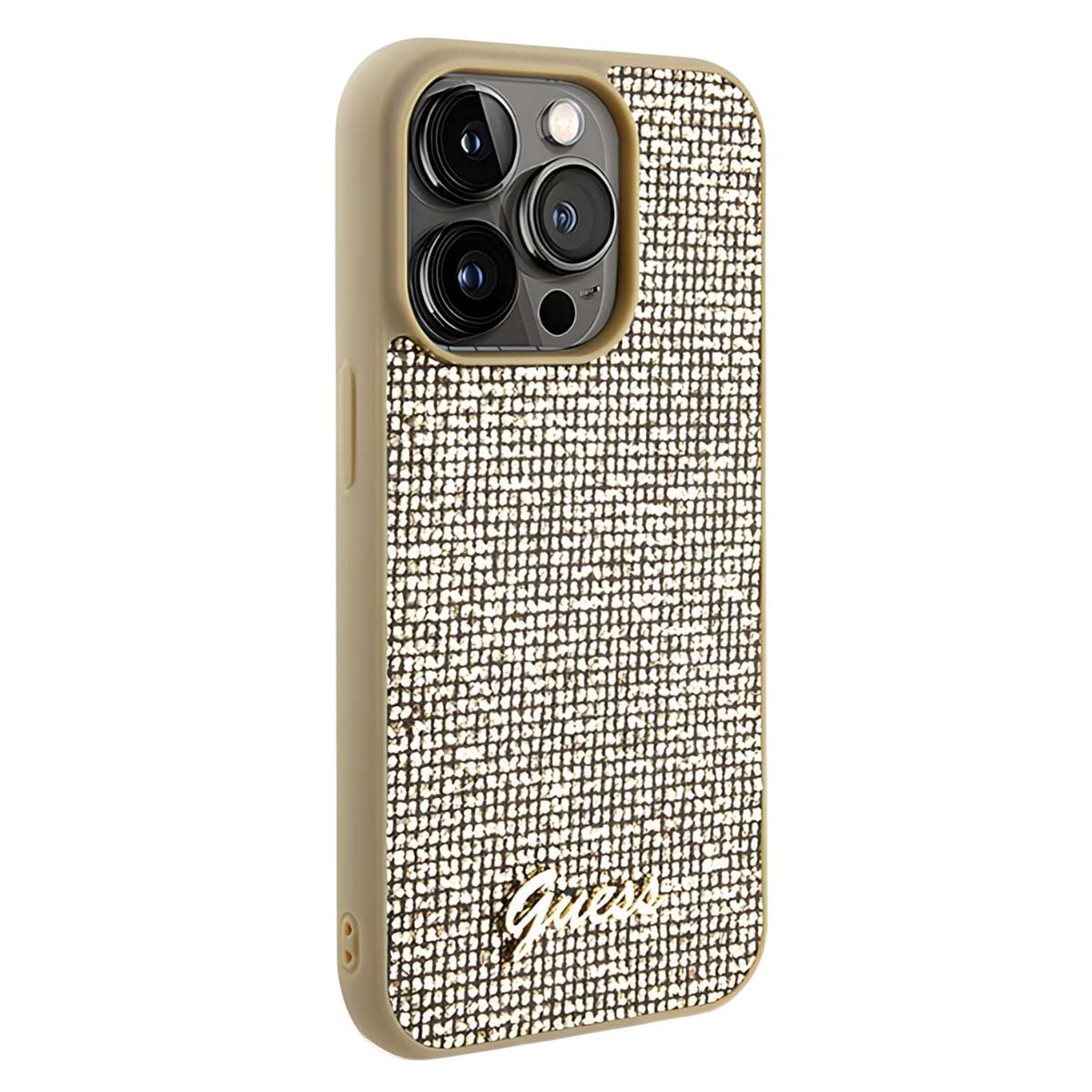 Una custodia per telefono con bordo beige e design scintillante a mosaico. Il retro presenta il logo 'Guess'.