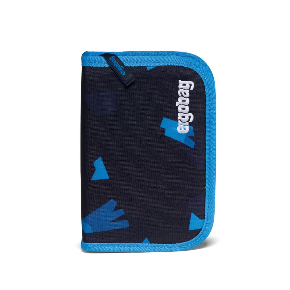 Dunkelblaues Federmäppchen mit blauem Rand und geometrischen Mustern. Das Wort "ergobag" ist sichtbar.