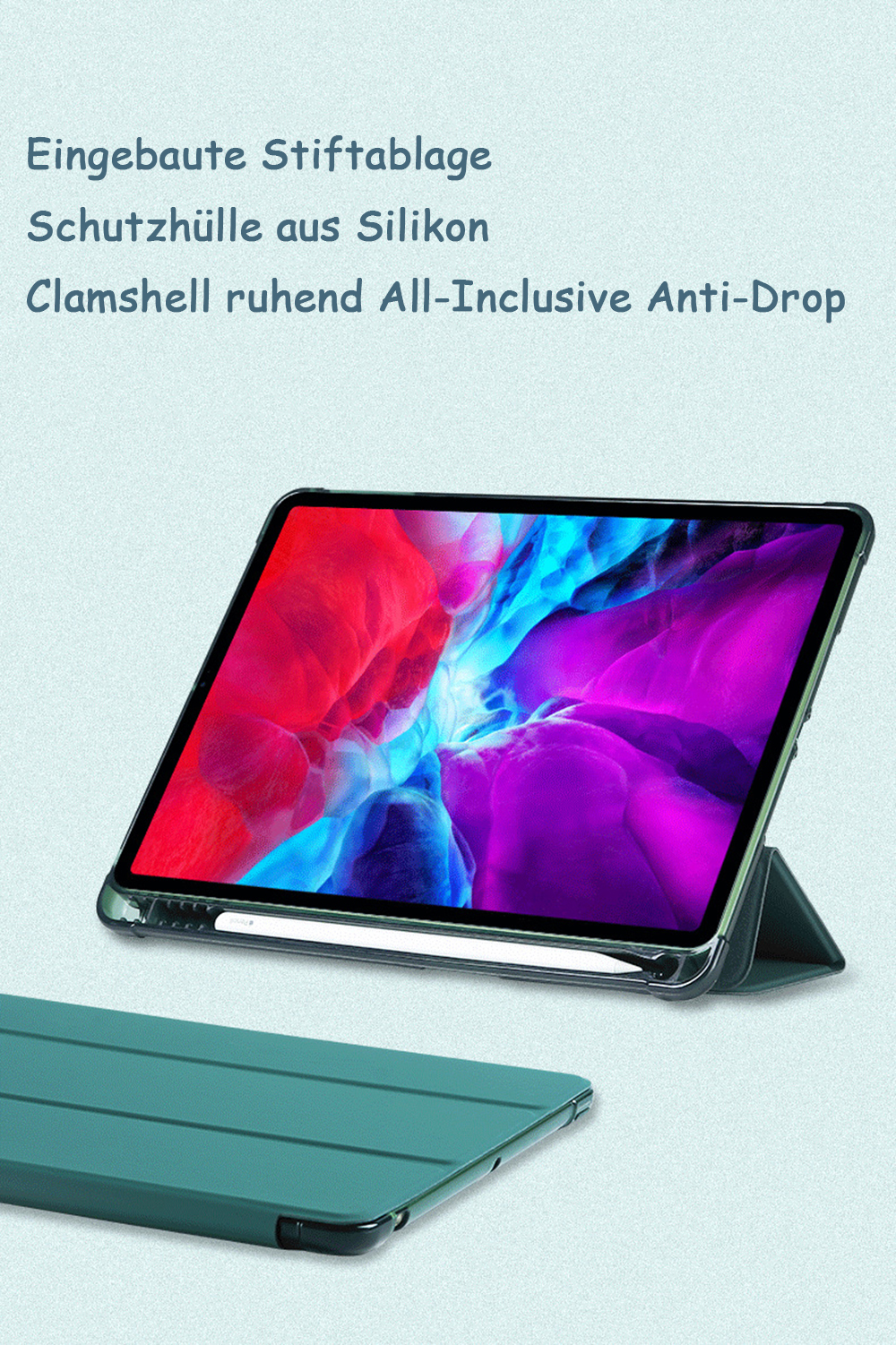 Tablet in grüner Hülle, aufgestellt, mit Stift. Hintergrund hat Farbverläufe von Rot, Blau und Lila.