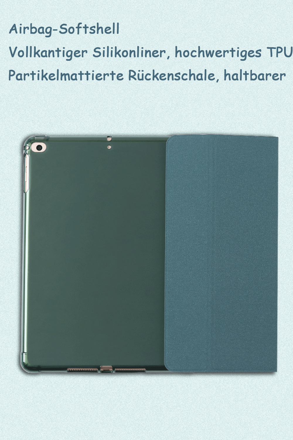 Grüne Tablethülle mit geöffneter Abdeckung. Der Hintergrund ist hellblau. Texte befinden sich oben im Bild.