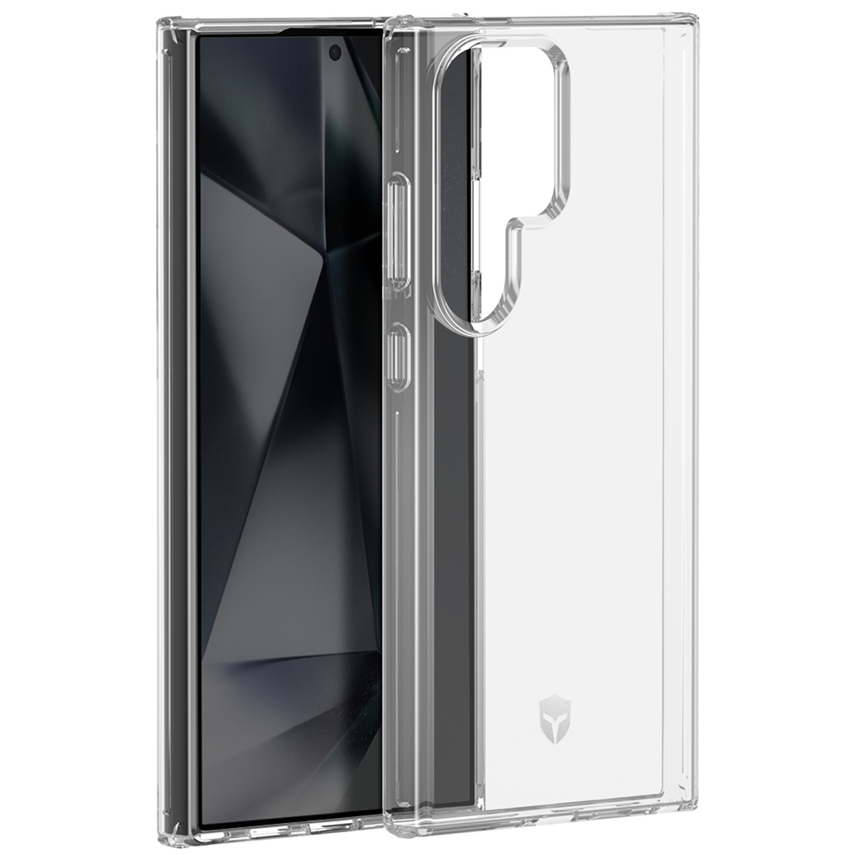 Una custodia trasparente per telefono accanto a uno smartphone con schermo nero. La custodia è trasparente, mostrando il design del telefono.
