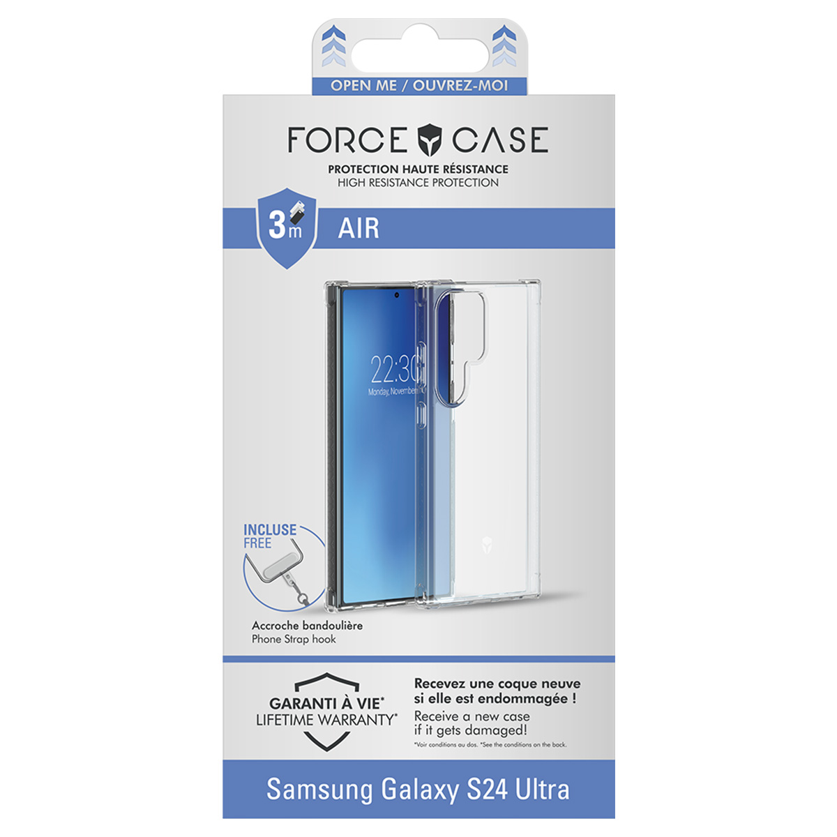 Una confezione di custodia per telefono con un telefono all'interno. La confezione include un gancio per cinturino e garanzia a vita, per Samsung Galaxy S24 Ultra.