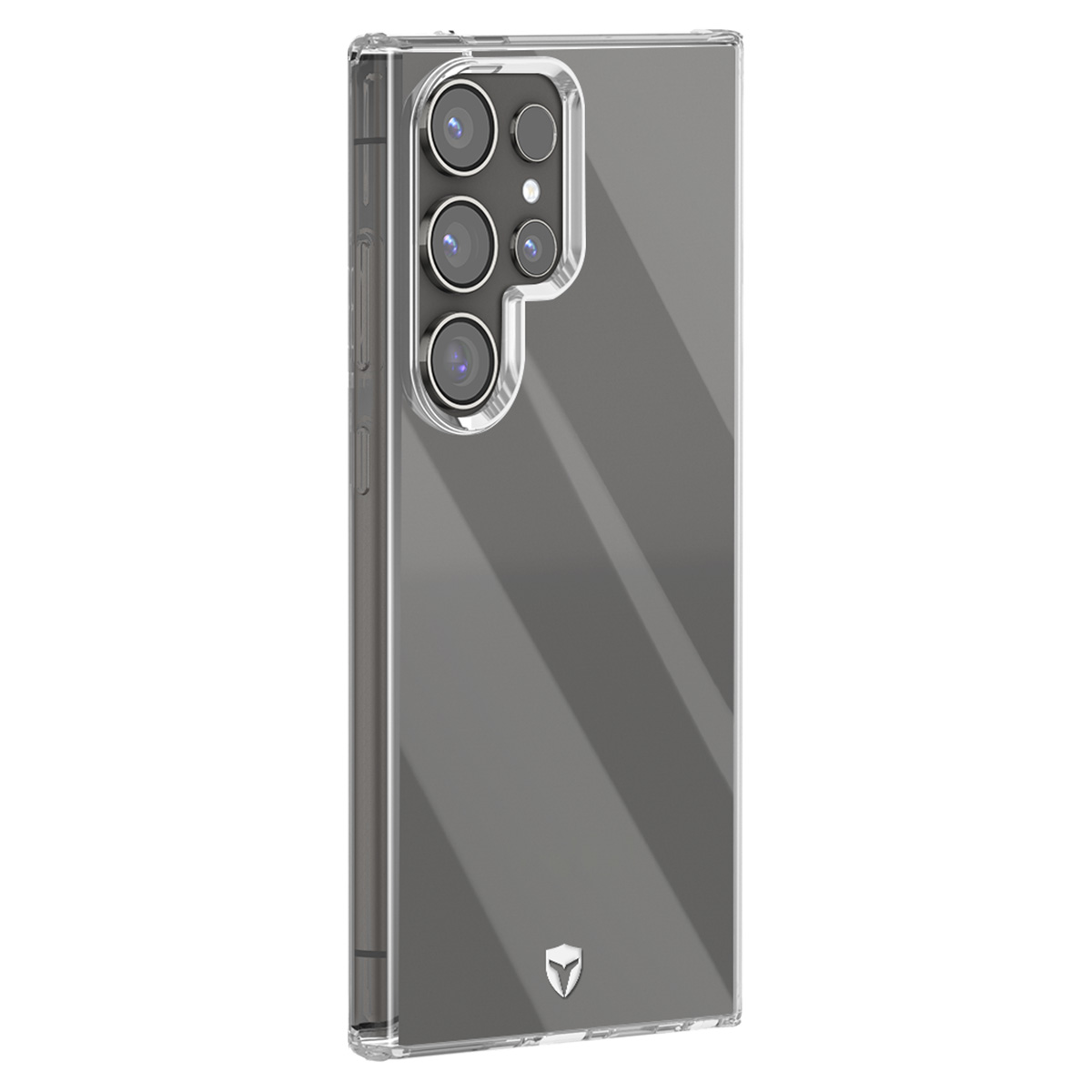 Una custodia trasparente per telefono con intaglio per fotocamera con più lenti. La custodia ha un logo in basso ed è su sfondo bianco.