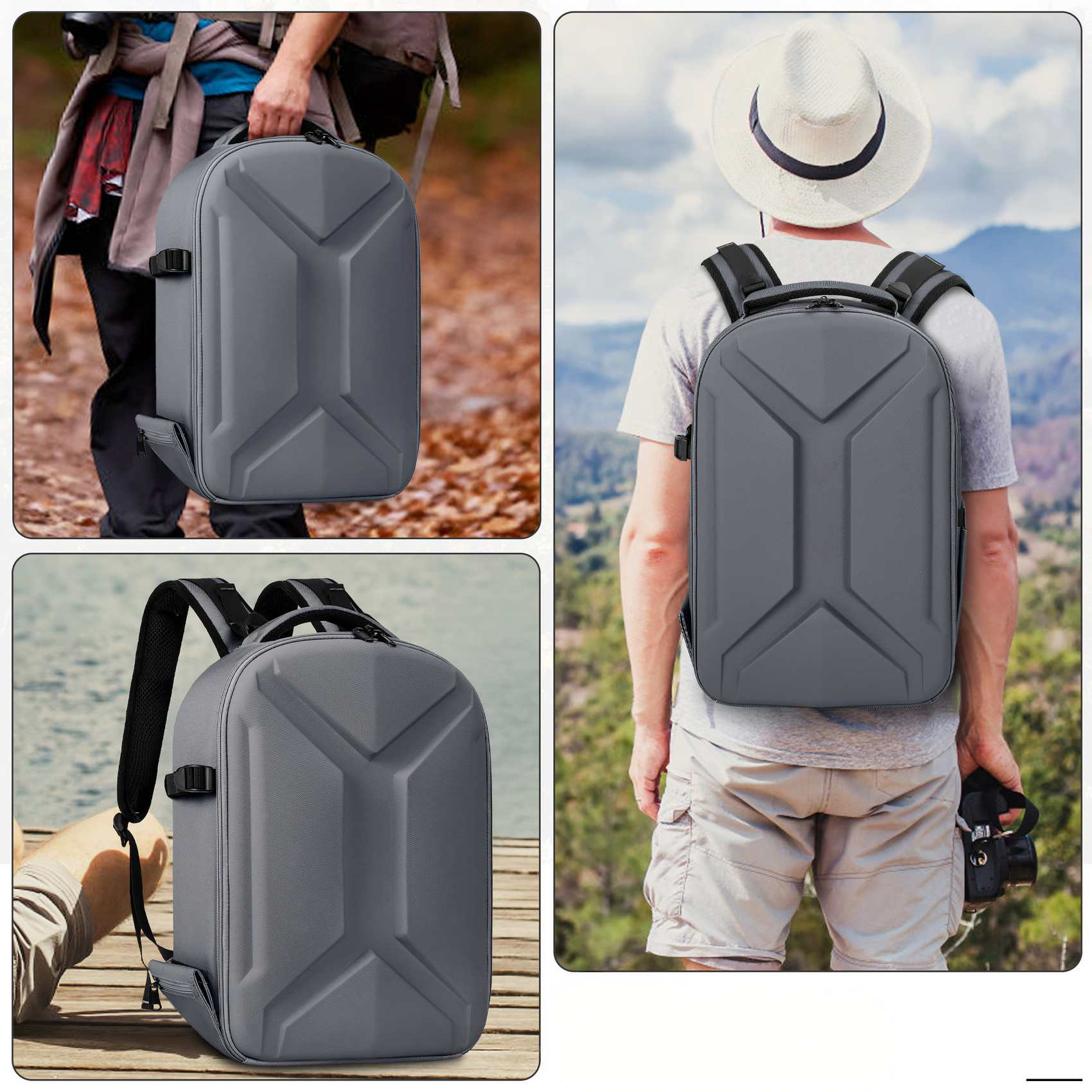 Ein grauer Rucksack mit geometrischem Design. Menschen tragen ihn. Szenen umfassen einen Wald, einen Berg und einen Steg. Der Hintergrund variiert.