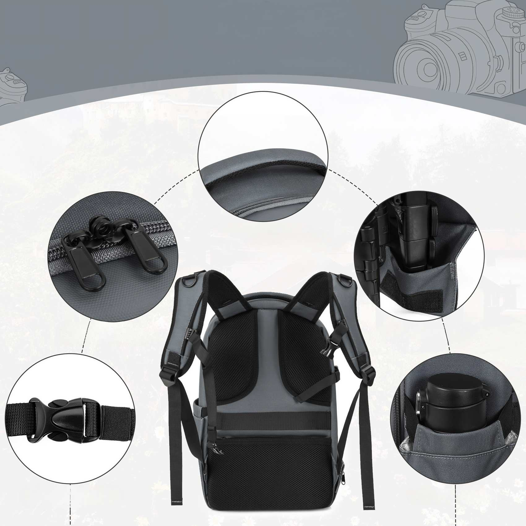 Grauer Rucksack mit schwarzen Trägern und Netzrücken. Details sind Reißverschlüsse, eine Schnalle und Taschen. Ideal für Kameras und Zubehör.