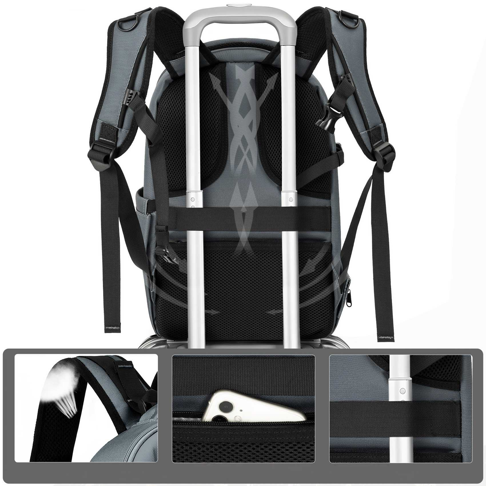 Grauer Rucksack mit schwarzen Trägern und silbernem Griff. Detail zeigt Telefon in der Tasche und Schulterpolsterung.