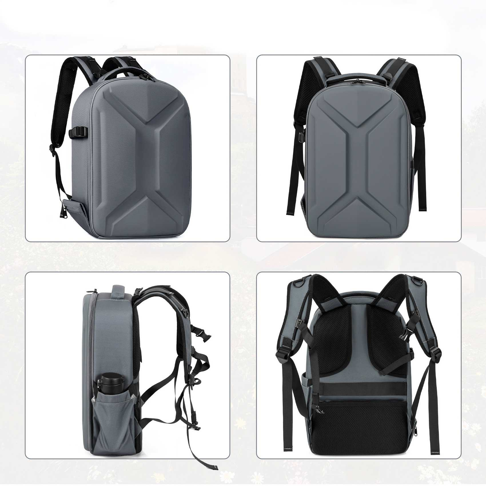 Ein grauer Rucksack mit mehreren Fächern und Gurten. Er hat ein geometrisches Design und eine Wasserflaschentasche.
