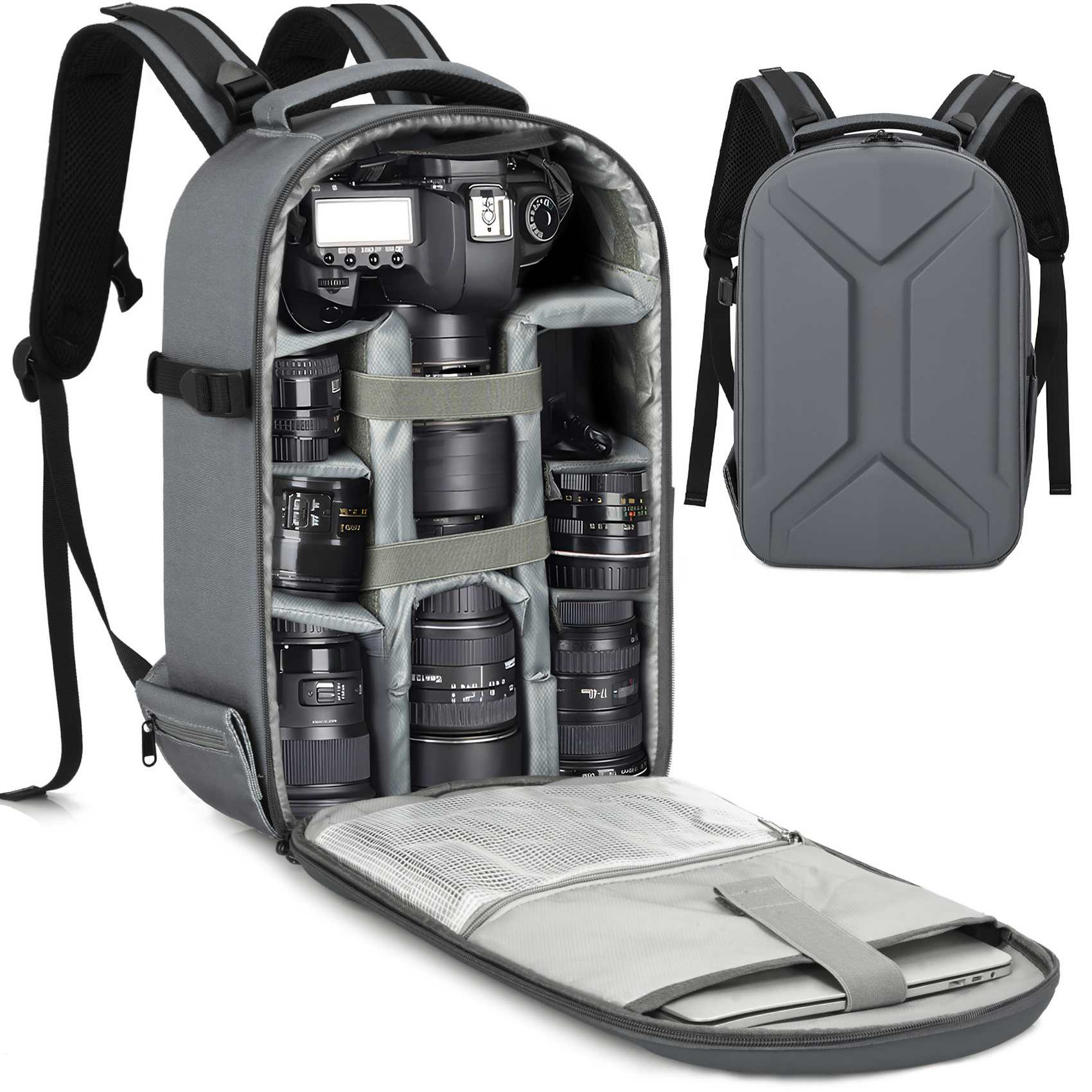 Grauer Kamerarucksack, geöffnet, um Kamera, Objektive und Laptop zu zeigen. Die Rückseite des Rucksacks ist ebenfalls sichtbar.