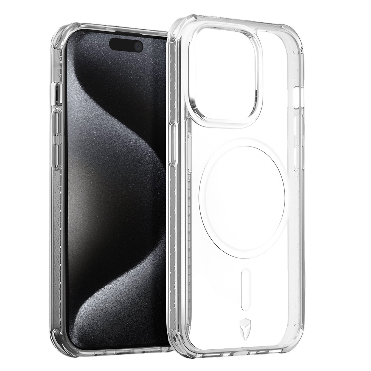 Una custodia trasparente per telefono accanto a uno smartphone nero. La custodia ha aperture per la fotocamera e i pulsanti. Lo schermo del telefono è nero.