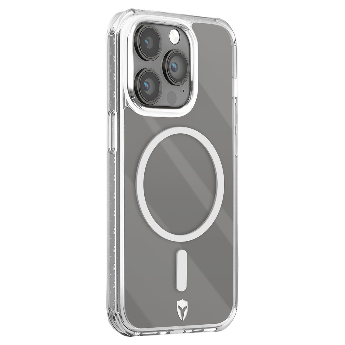 Custodia trasparente per telefono. La custodia ha un retro trasparente, ritagli per la fotocamera e un design a cerchio bianco. Il telefono ha tre lenti.