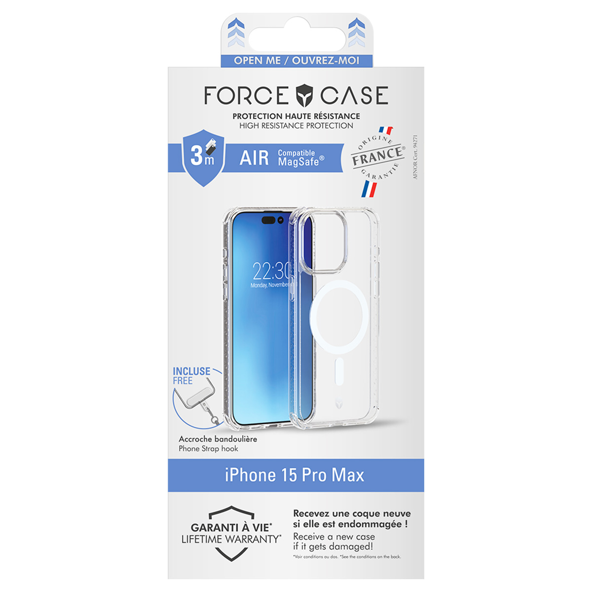 Una confezione di custodia per telefono con un iPhone 15 Pro Max. È una custodia trasparente con un anello MagSafe. Il testo include 'Force Case'.