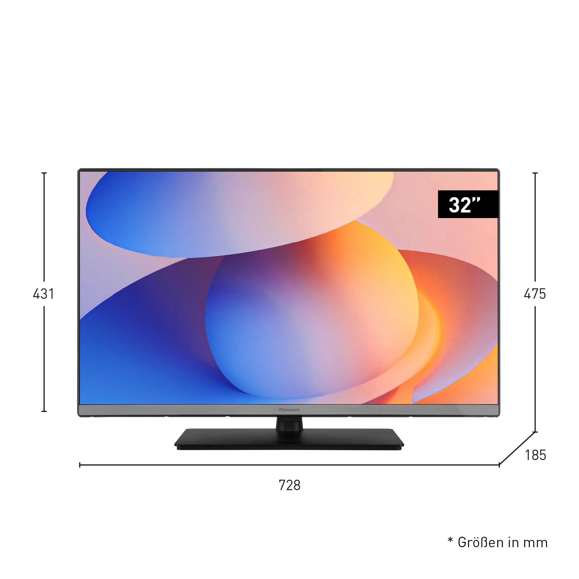 32-calowy telewizor Panasonic. Ma czarny stojak. Wyświetlacz pokazuje kolorowy abstrakcyjny obraz. Wymiary są wyświetlane ze strzałkami.