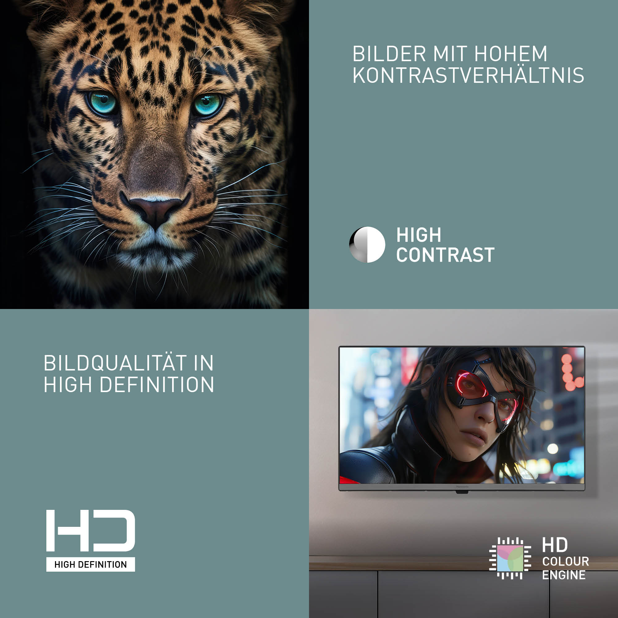 Obraz przedstawia twarz lamparta i ekran z kobietą w czerwonych okularach. Tekst wskazuje na wysoki kontrast i jakość HD.