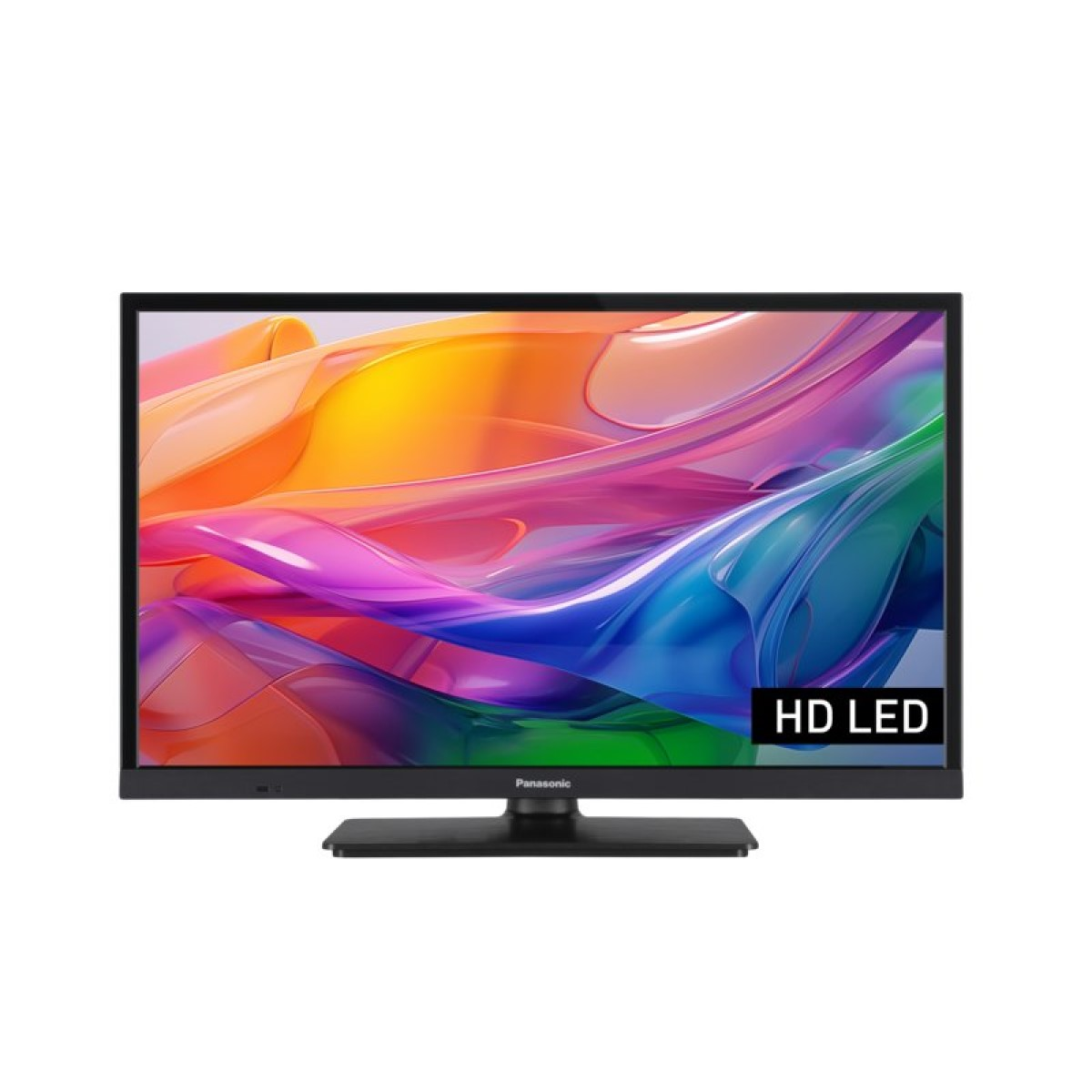 Telewizor LED HD Panasonic wyświetla kolorowy abstrakcyjny obraz. Telewizor jest czarny, ma podstawę i widoczne logo.