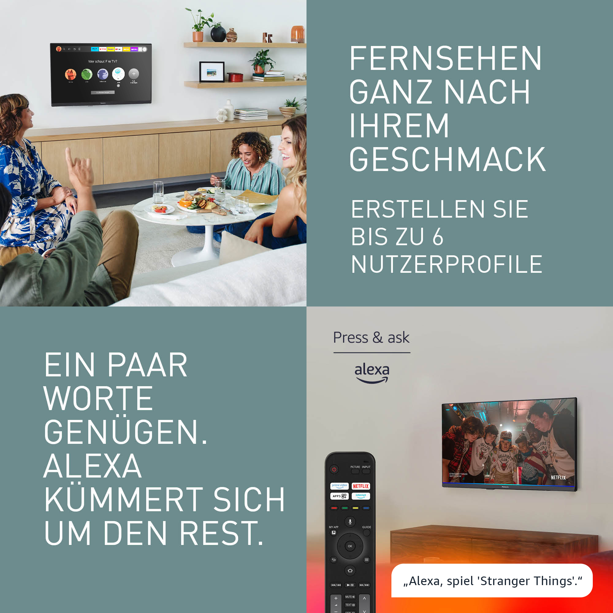 Scena w salonie z ludźmi oglądającymi telewizję. Widoczny jest również pilot i logo Alexa. Tekst brzmi: Alexa, odtwarzaj Stranger Things.