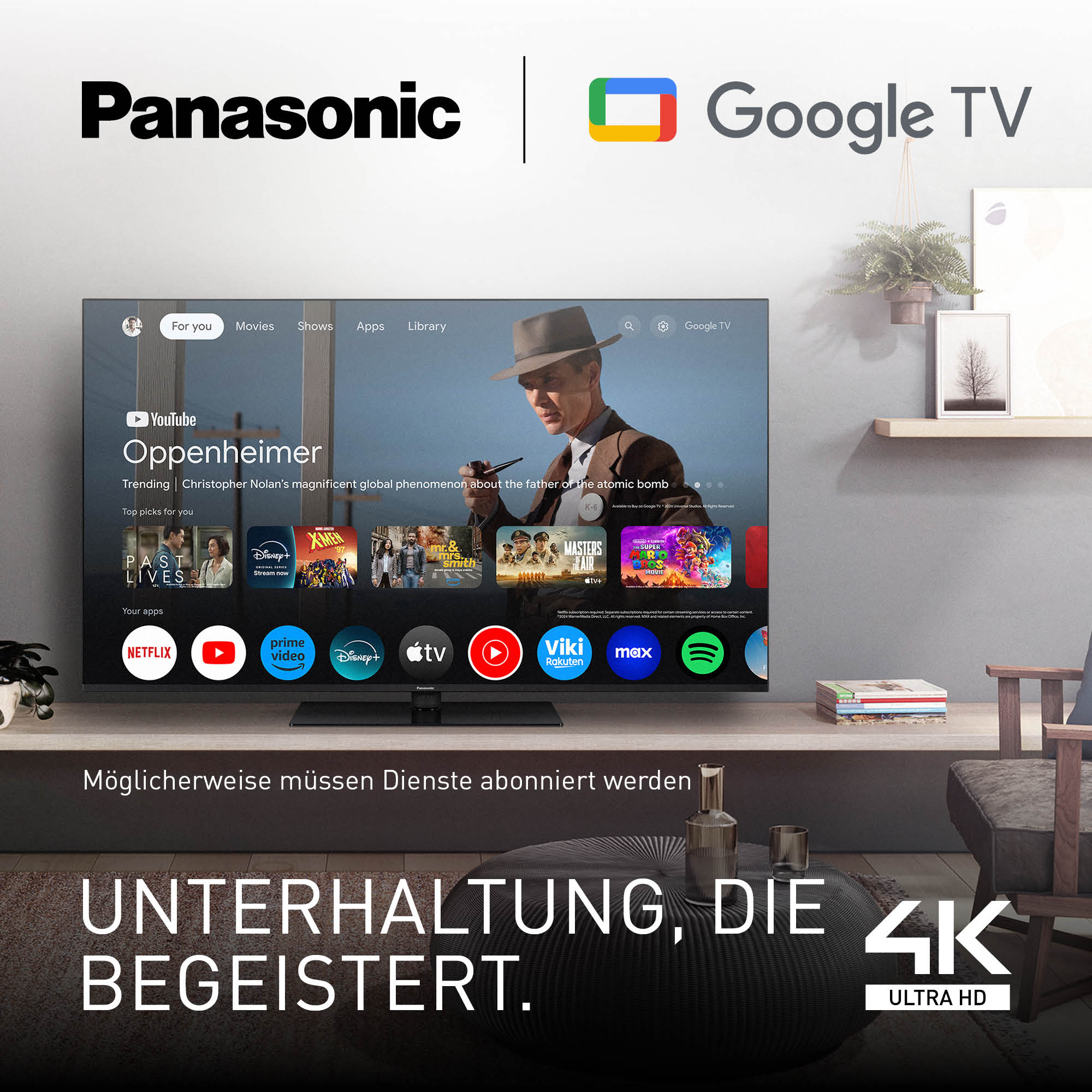 Telewizor Panasonic Google wyświetla 'Oppenheimera'. Widoczne są aplikacje, takie jak Netflix i Disney+. Telewizor jest w salonie.